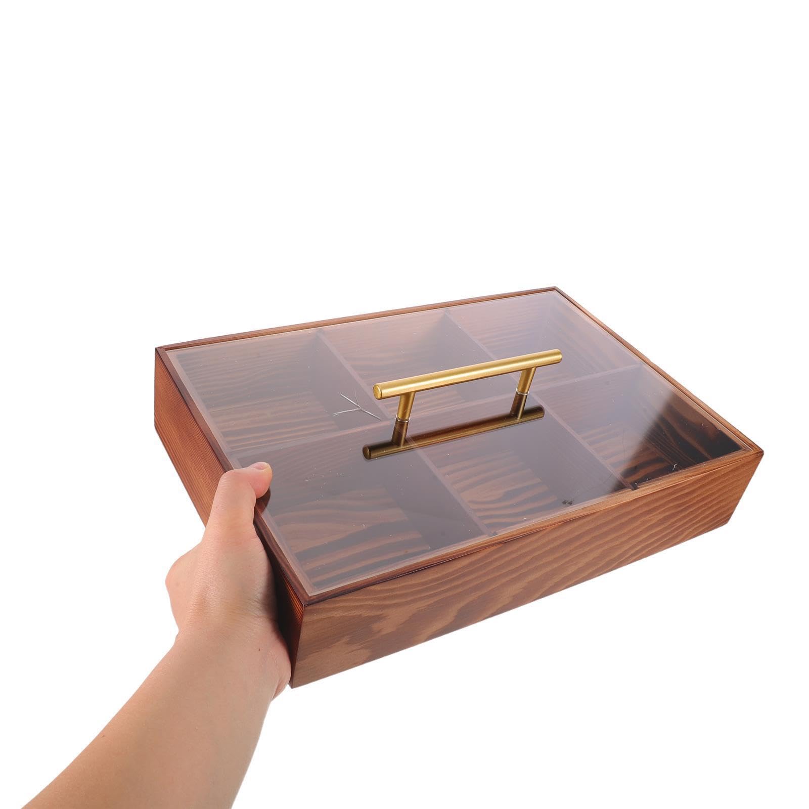 Plateau Compartimenté en Bois avec Couvercle, 6 Sections Marron | Acrylique Transparent, Service Polyvalent pour Restaurants et Événements Extérieurs, Rangement Snacks et Bonbons