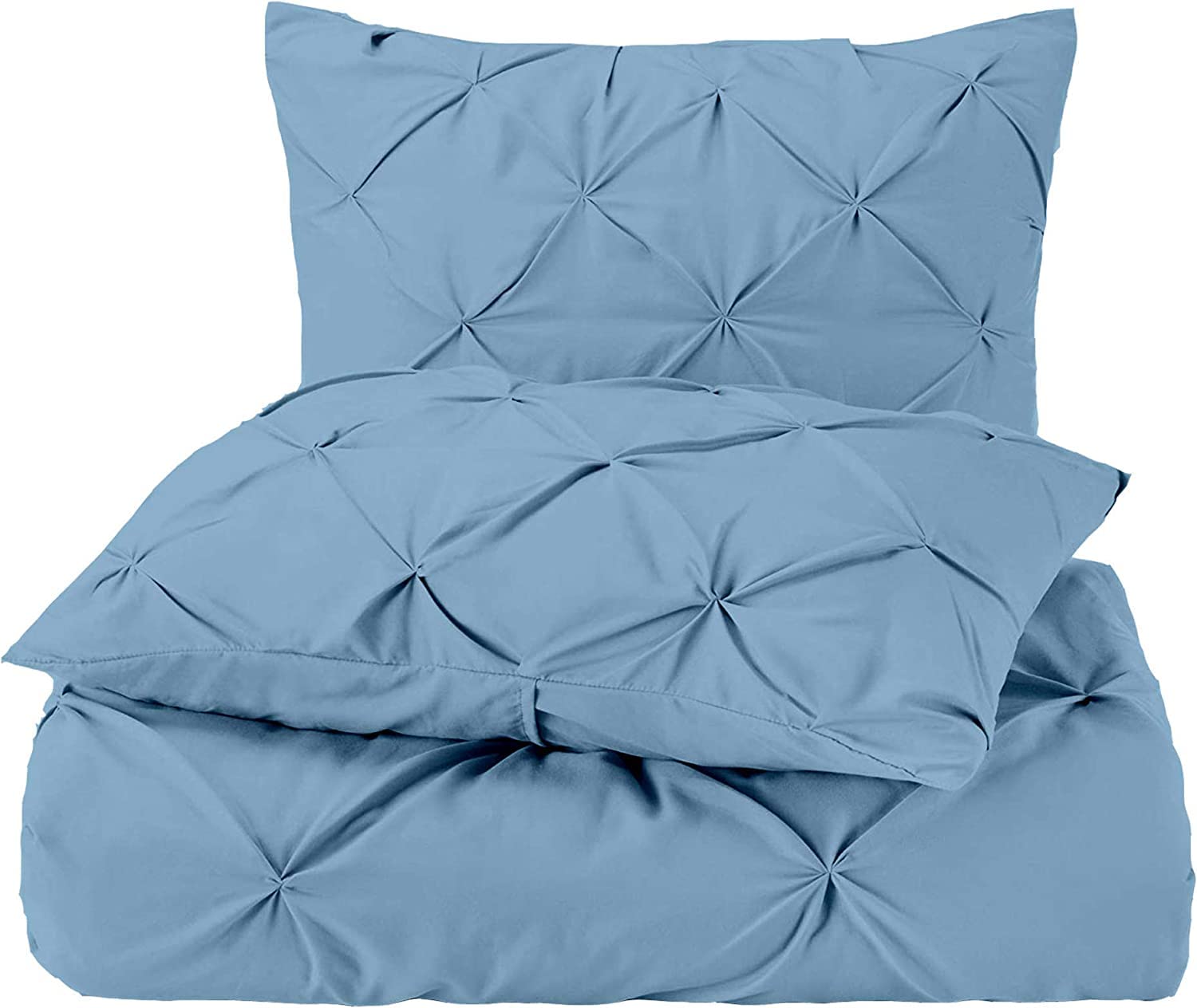 Pinch Pleat PinTuck 3 Piece Duvet Cover Set - 100% Egyptian Cotton Quilt Covers Bedding, 300 Thread Count Diamond Bedding Set with Zipper Closure Hotel Quality - Light Blue Solid, Double Size.