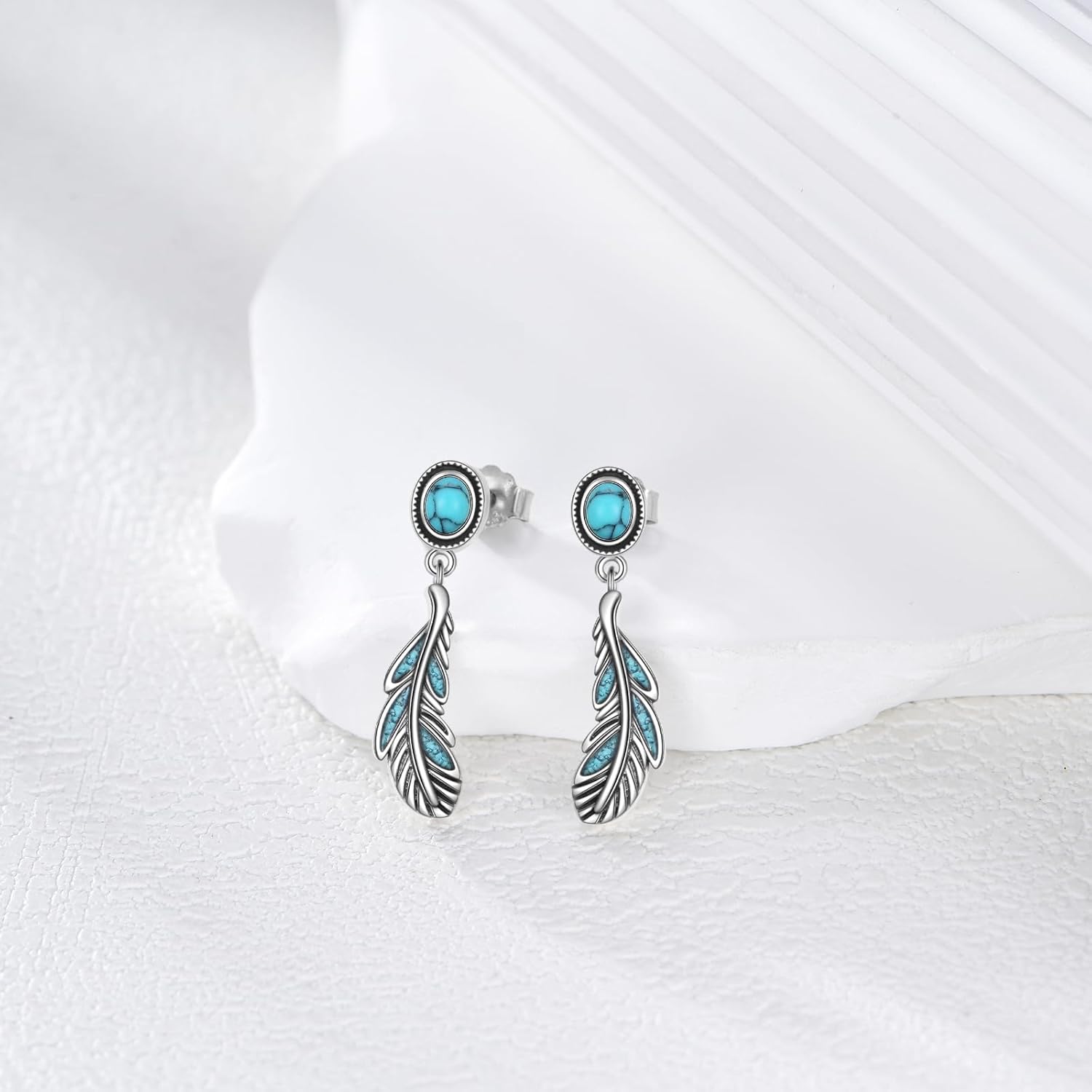 Feather Earring 925 Sterling Sliver Natural Turquoise Stone Western Style Vintage Eagle Feather Drop Ear Gift for Women