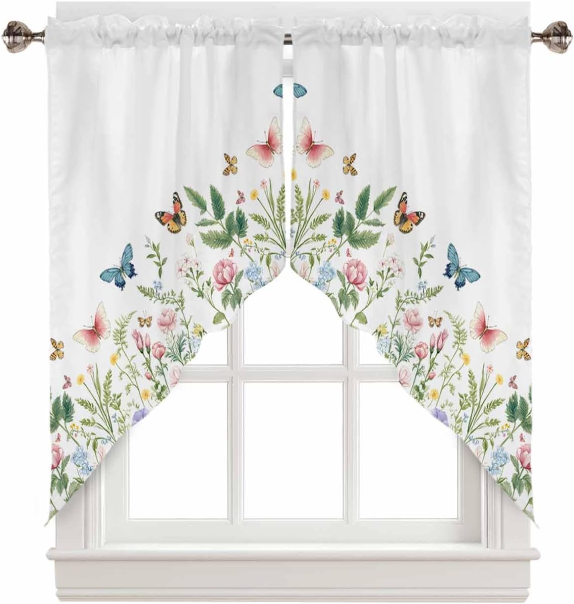 Spring Floral Swag Valance Curtains for Kitchen 28"W x 36"L Rustic Colored Butterflies Short Swag Topper for Small Windows Watercolor Pastoral Rod Pocket Curtains for Bedroom Bathroom Living Room