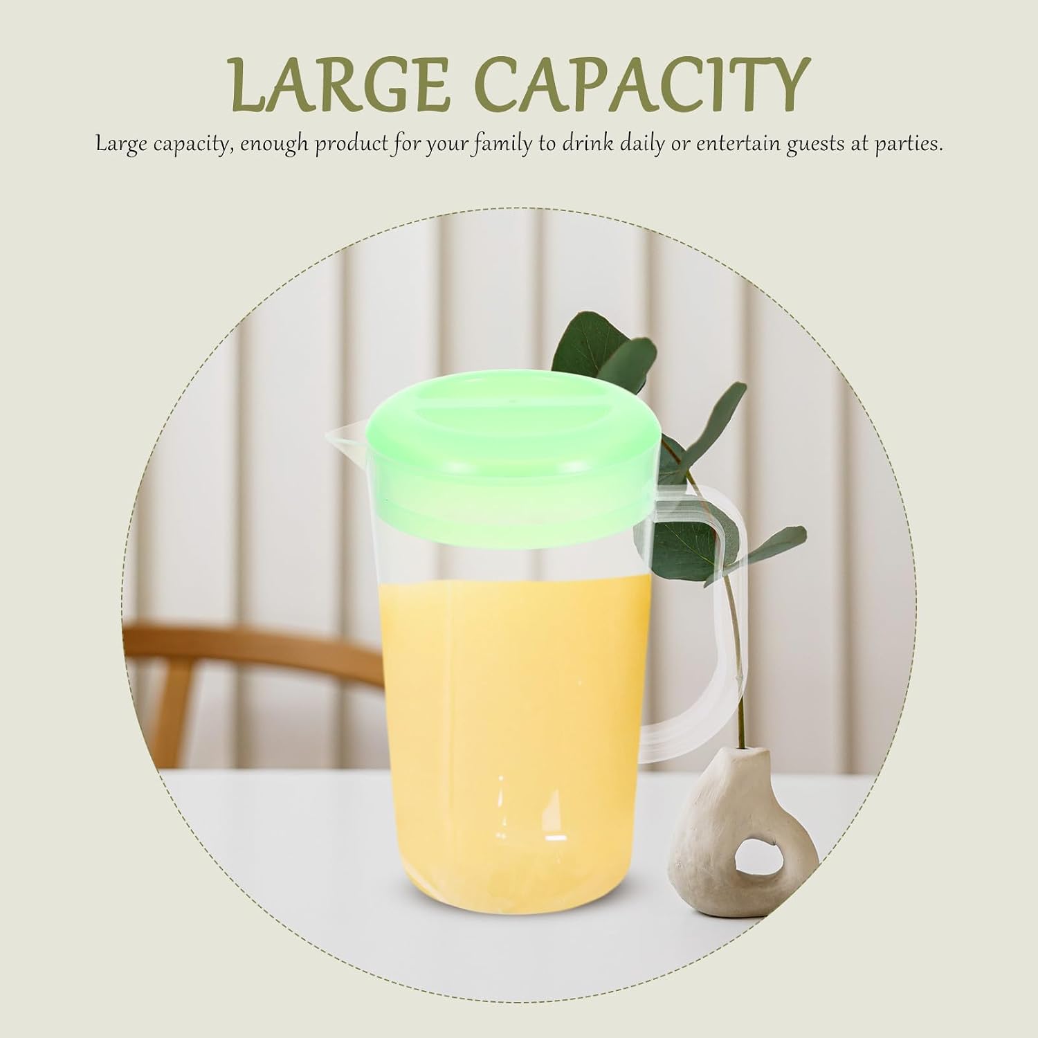Large Capacity Plastic Pitcher with Lid 2000ml Refrigerator Jug for Cold Water and Lemonade with Green Cover, Drink Server for Home and Outdoor Use