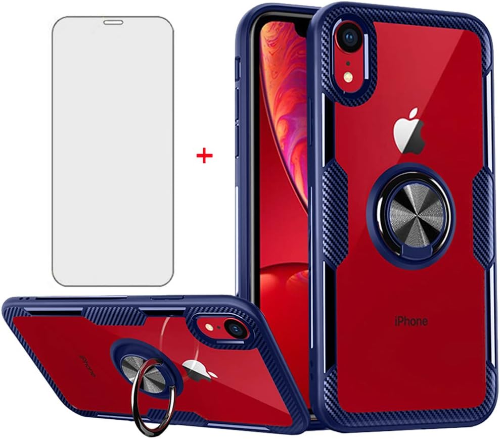 N / A Phone Case for iPhone XR with Tempered Glass Screen Protector Clear Cover and Stand Ring Holder Cell Accessories Slim iPhoneXR iPhone10R i Phonex 10XR 10R 10 R RX CR iPhoneXR Cases Men Blue