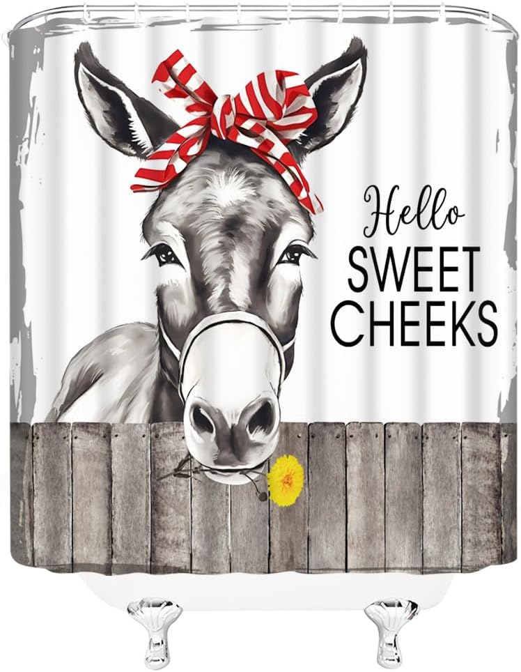 Funny Donkey Shower Curtain Watercolor Farmhouse Animal Wooden Fence Grey White Minimalist Bathroom Decor Curtains Set with Hooks, 70" x 90"
