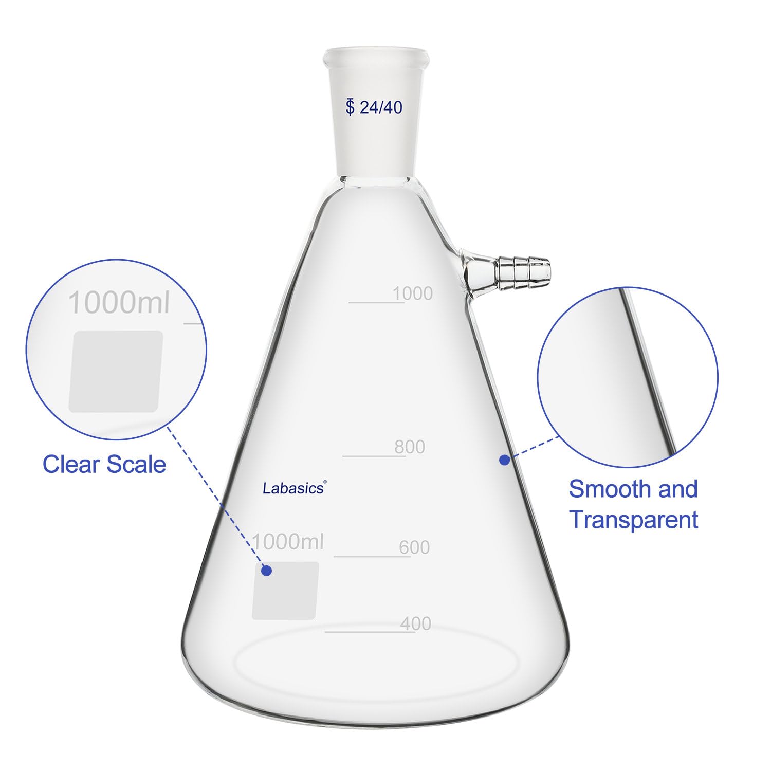 Labasics 1000 ml Flacon de Filtration avec 24/40 Standard Conique Joint, Flacon de Filtration en Verre Borosilicate Haute Résistance, Col de Boulon avec Tubulure, Interface de Tuyau de 9 mm