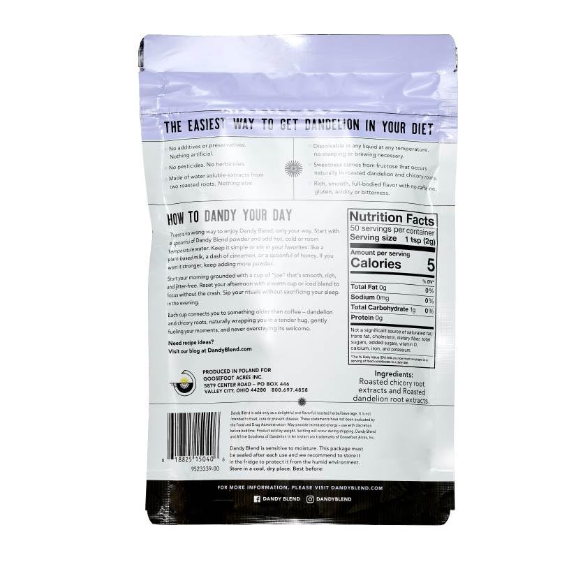 Image of Dandy Blend Instant Herbal Beverage, 3.53 oz, 50 Cup Bag | Chicory and Dandelion Roots, Purely Rooted