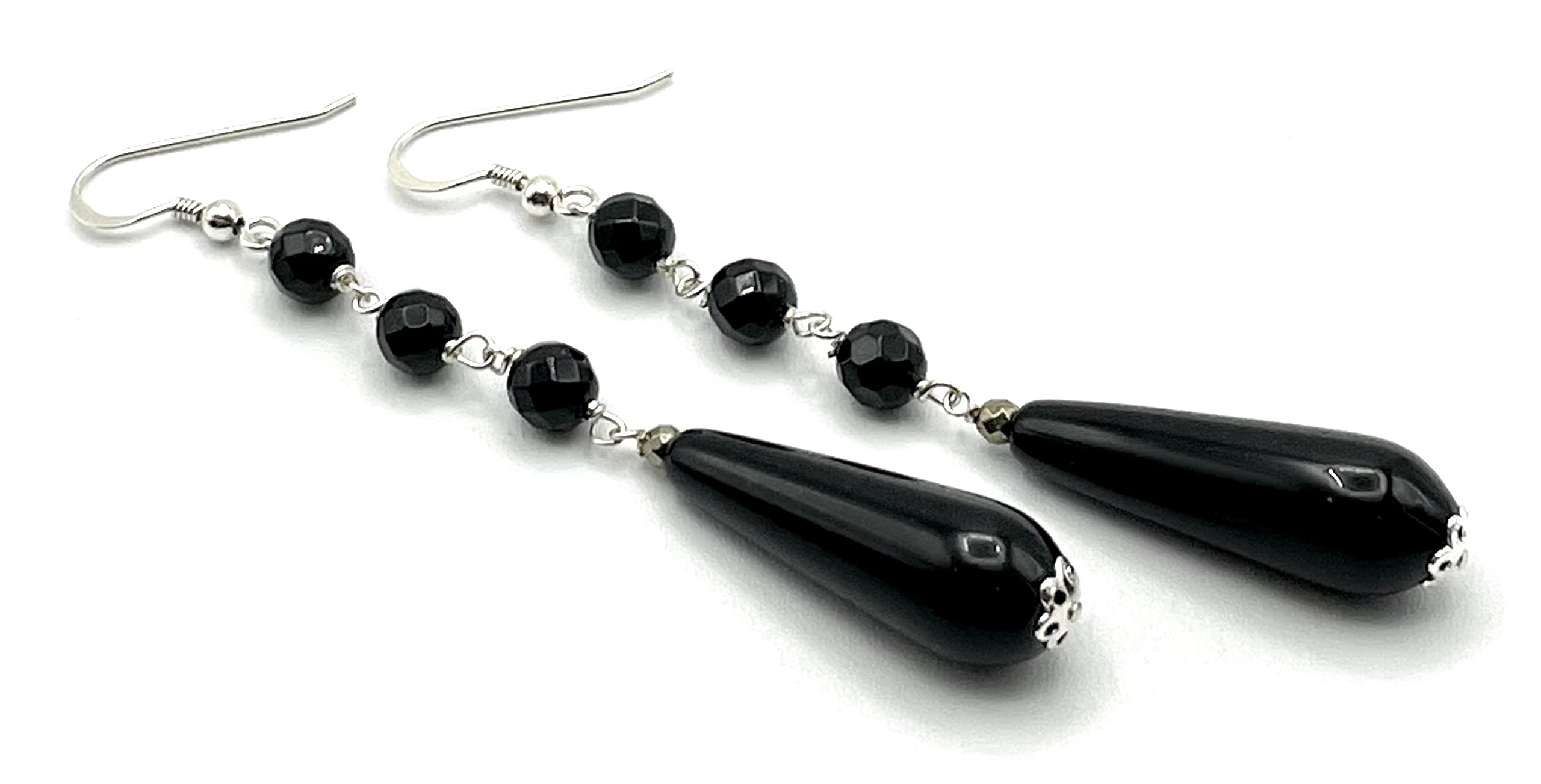 Orecchini in argento 925 e onice nero, pendenti lunghi a goccia, gioielli con pietre dure naturali, bijoux moderni, regalo per lei