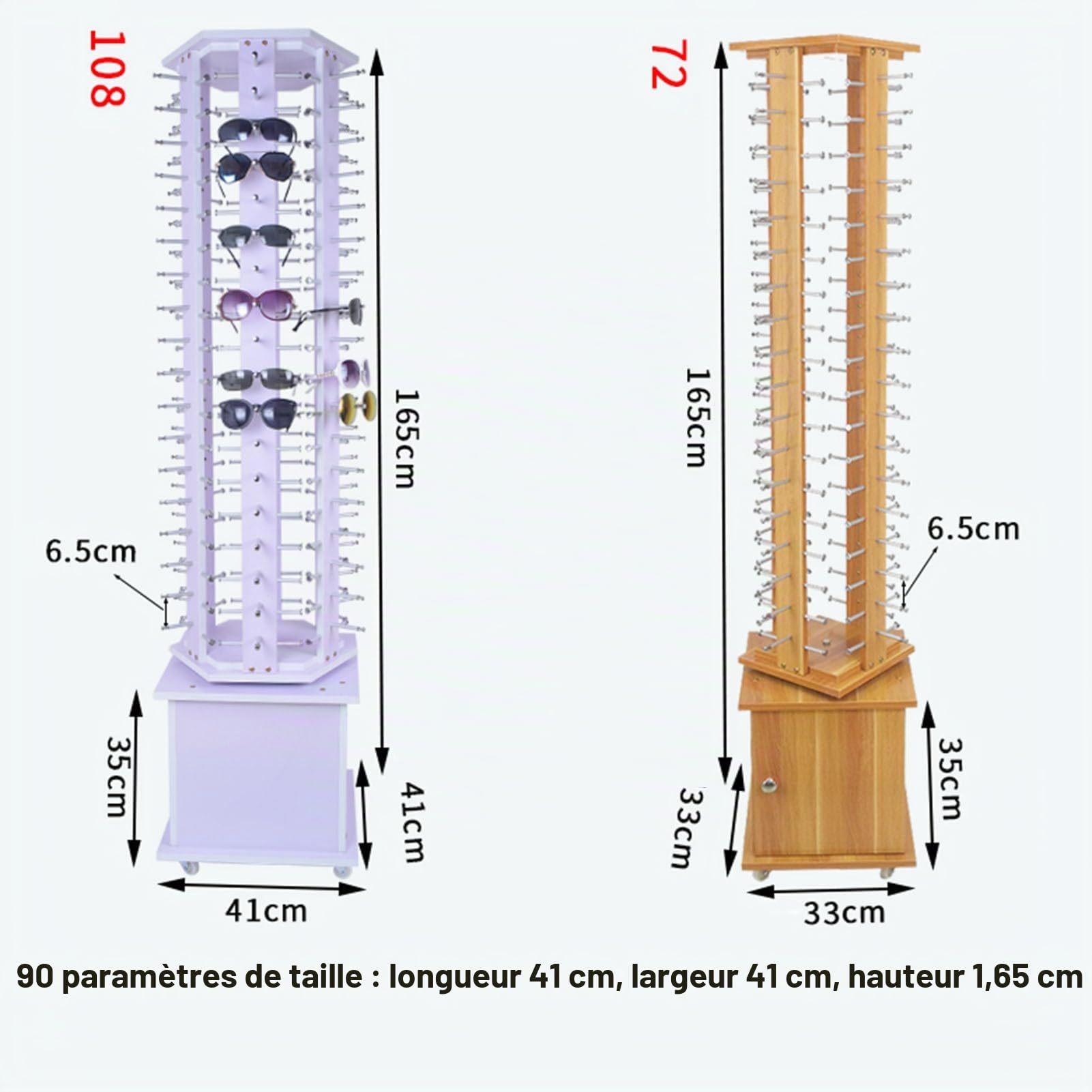 Présentoir de Rangement pour Lunettes Rotatif sur Pied avec roulettes, 72/90/108 Paires Organisateur de Rangement Moderne pour Lunettes de Soleil, Support Suspendu pour Lunettes Commerciales