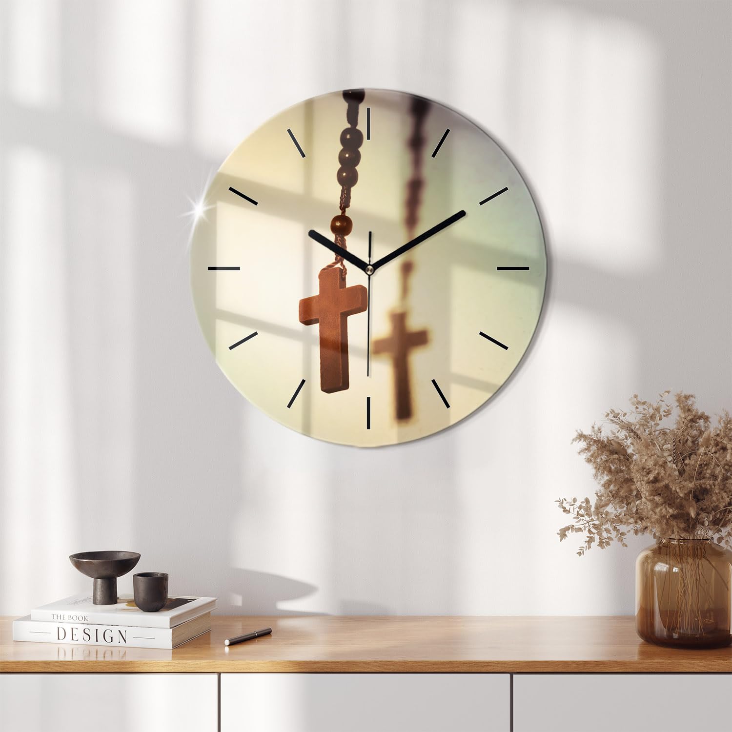 Sacroarte 60cm Reloj de Vidrio Funcionamiento silencioso Fe Biblia Reloj Reloj de Pared Manecillas de Reloj Negras - Rosario de Madera