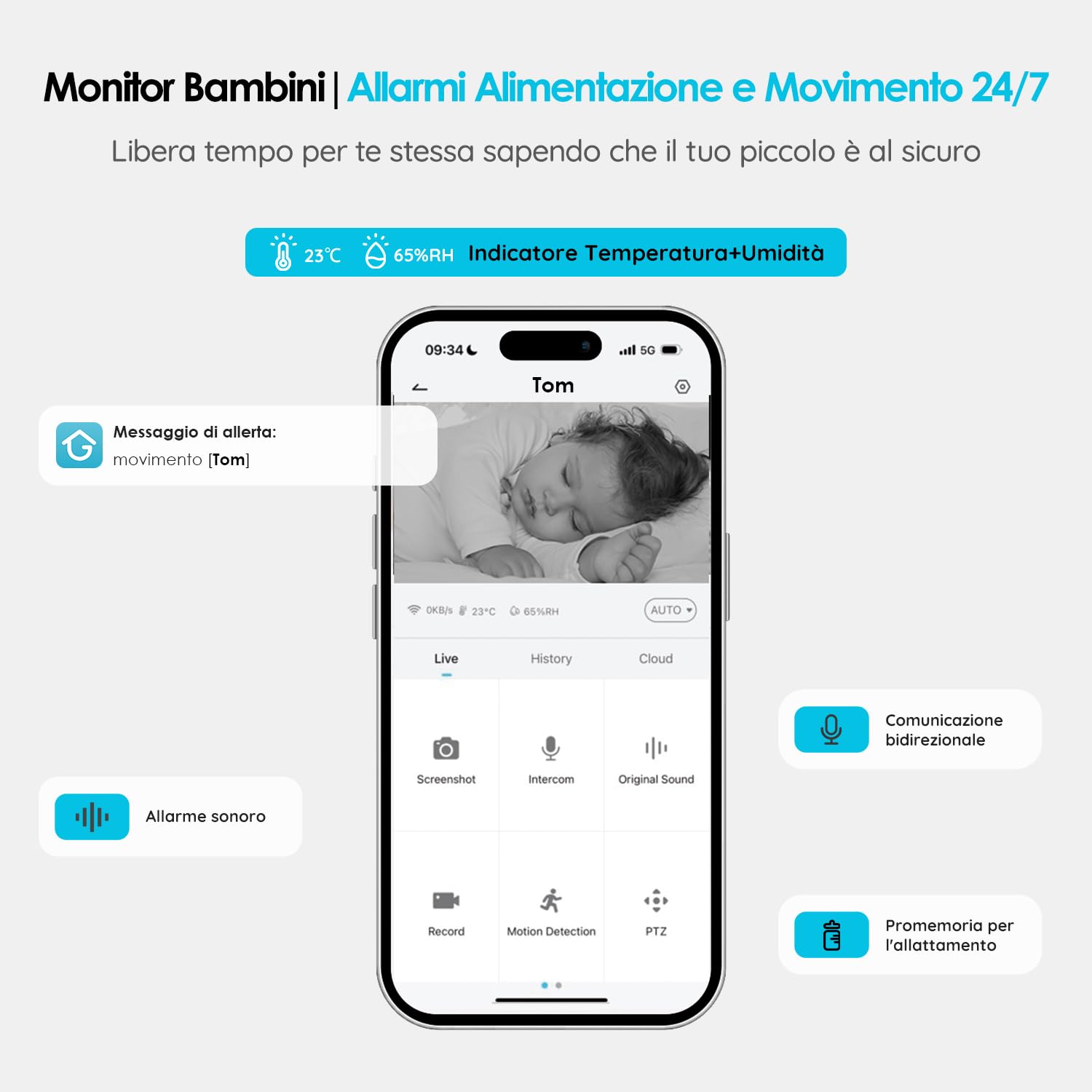 ieGeek Baby Monitor 1080P 5 Pollici Zoom 4x Rilevamento Movimento Suono Allarme Area Sicurezza Temperatura Umidità
