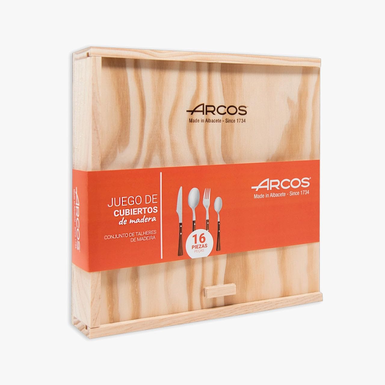 Arcos Serie Manchega - Cubertería de 16 piezas - Cuchillos de Acero Inoxidable NITRUM y cubiertos de Acero Inoxidable 18/10 - Mango de Madera Comprimida color marrón