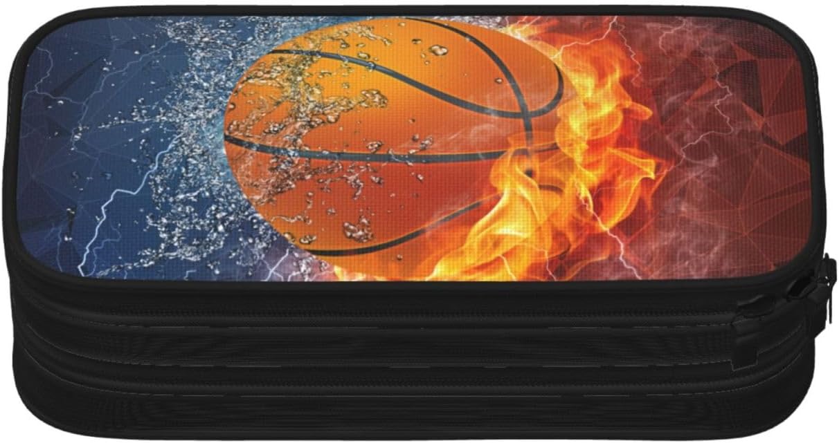 Basketball Pencil Case for Boys, Cool Sports Pencil Box with Print Water & Fire Pattern for Kids Teens, Personalized Pencil Holder with Zipper Pen Pouch Desk Organizer Travel Stationery Bag