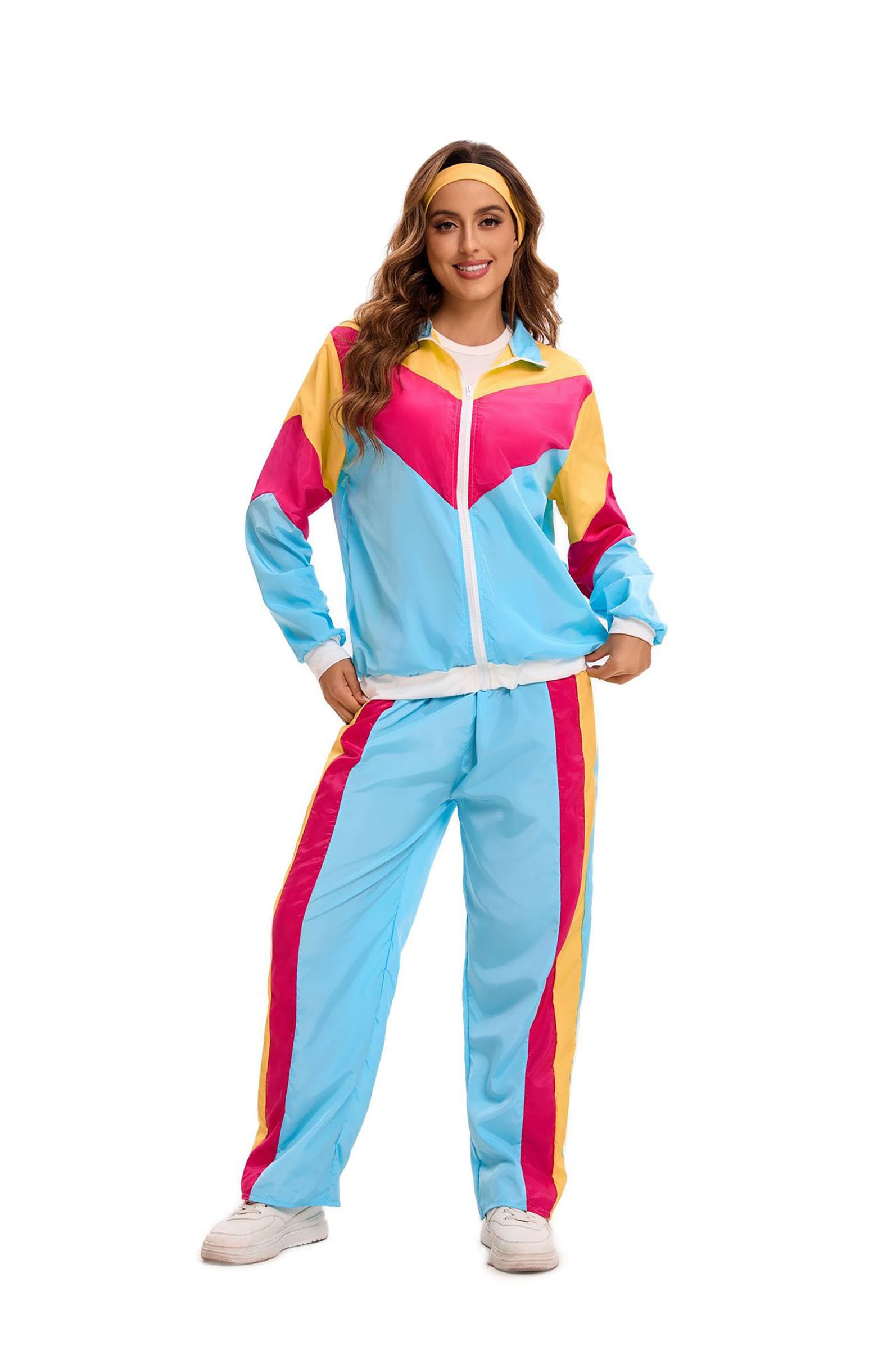 Velcoxplay Women's 80s 90s Retro Tracksuit Disco Suit Jacket Trousers for Carnival Fancy Dress Costume Blue and Pink, M