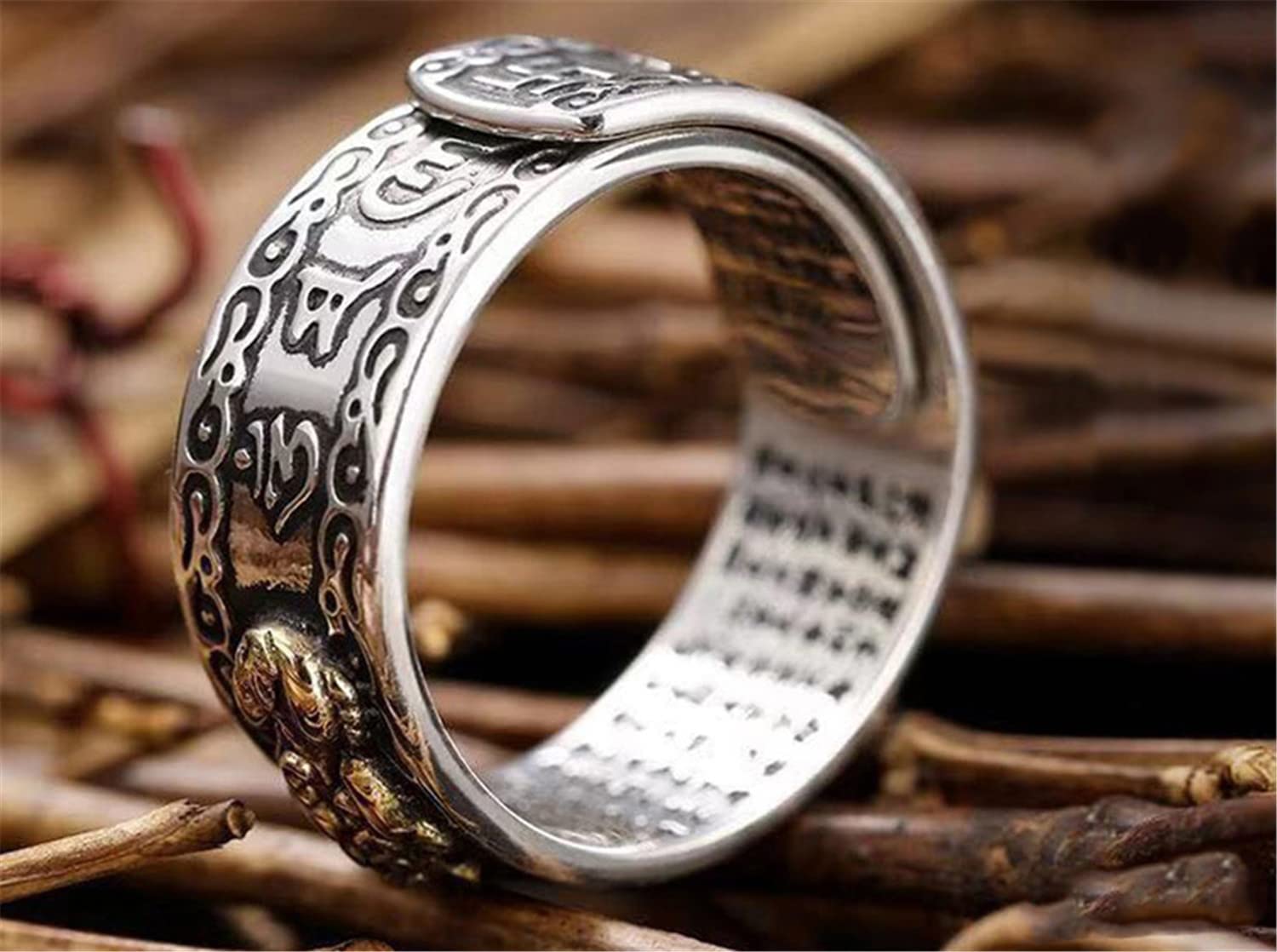 Feng Shui PiXiu Mantra Ring,Kucheed Zilveren Boeddhistische Geluksvingerringen,MANI Amulet Mantra Sieraden,Dubbele Bescherming Rijkdom Liefde Gezondheid Band,Vintage Verstelbare Ringen Cadeau (B