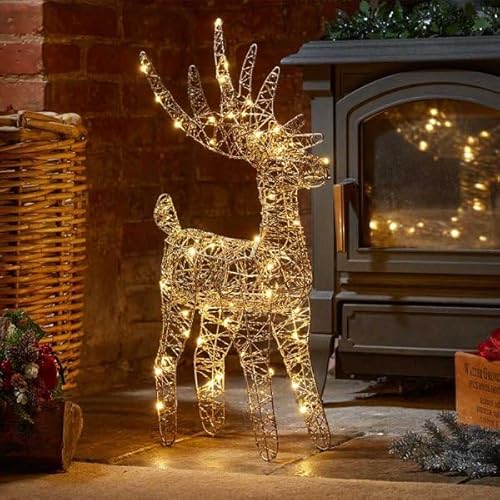 Marco Paul Large 45cm Light Up Gold Reindeer Christmas Decoration Battery Operated Stag with 60 Warm White LEDs & Auto Timer Wire Deer Ornament Festive Xmas Indoor Home Décor