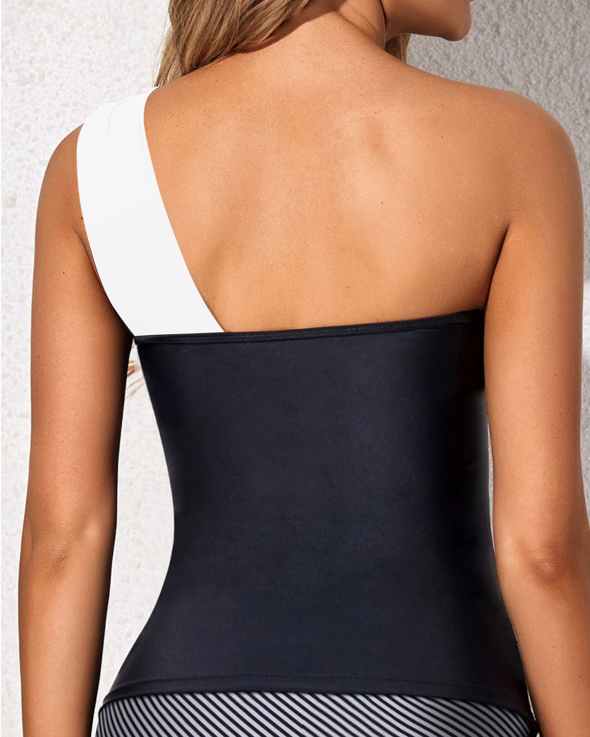Tempt Me Women Black White Tankini Top Swim Tops Ruched One Shoulder Bathing Suit Swimsuit Tops Only L