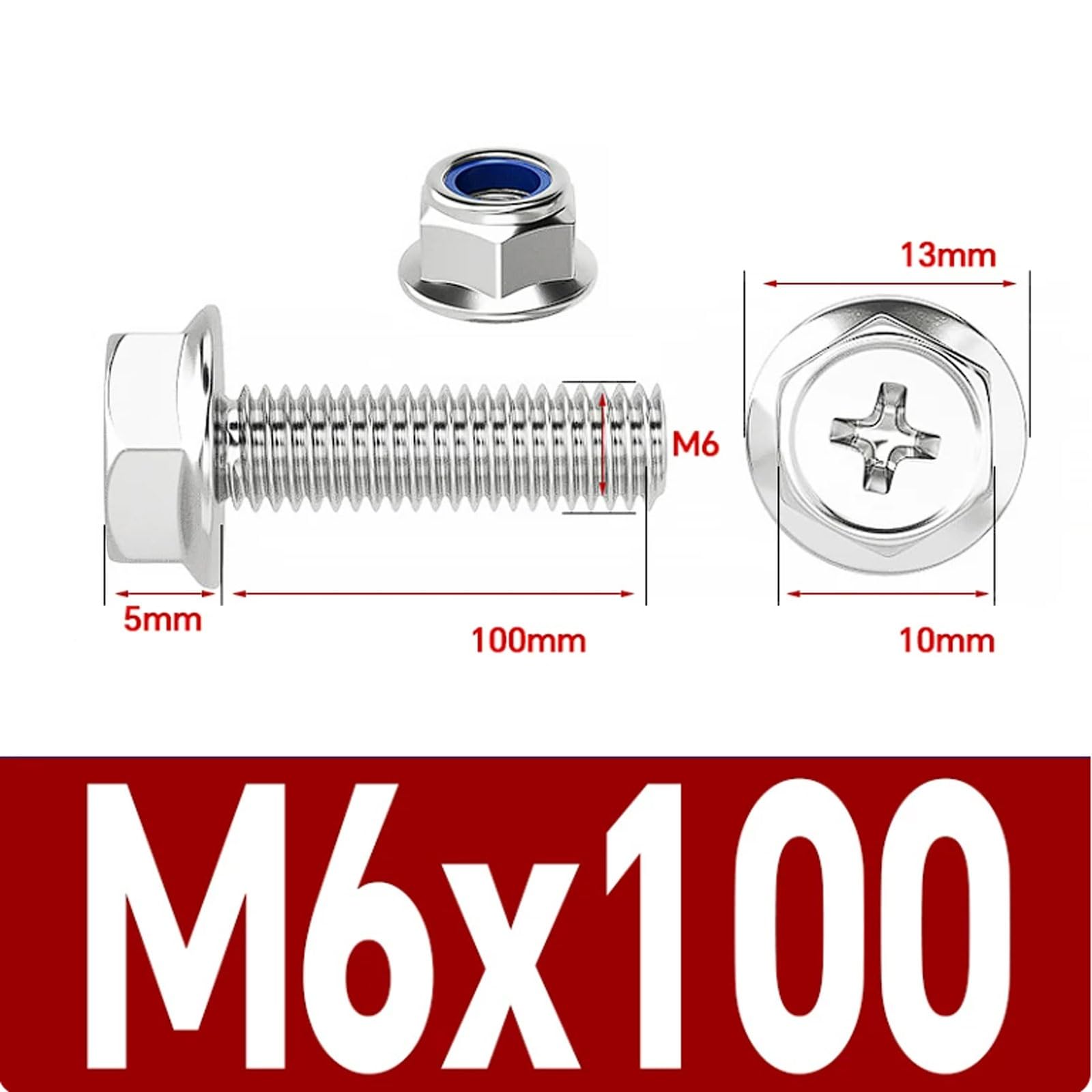 Kit bulloni e dadi a testa esagonale con flangia a croce M6 in acciaio inossidabile 304 con rondelle, 20 set, bulloni a brugola con flangia seghettata Viti di fissaggio(M6x100 [20 sets])