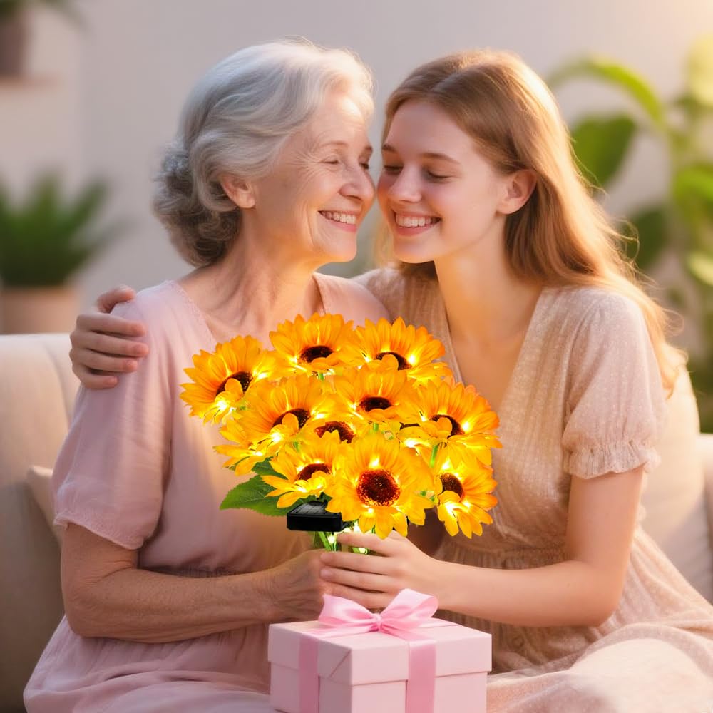 Confezione da 2 luci solari da giardino a forma di girasole, luce bianca calda, a LED, per esterni, per cortile, patio, prato, vialetto, impermeabile IP65, regalo ideale per donne, mamma