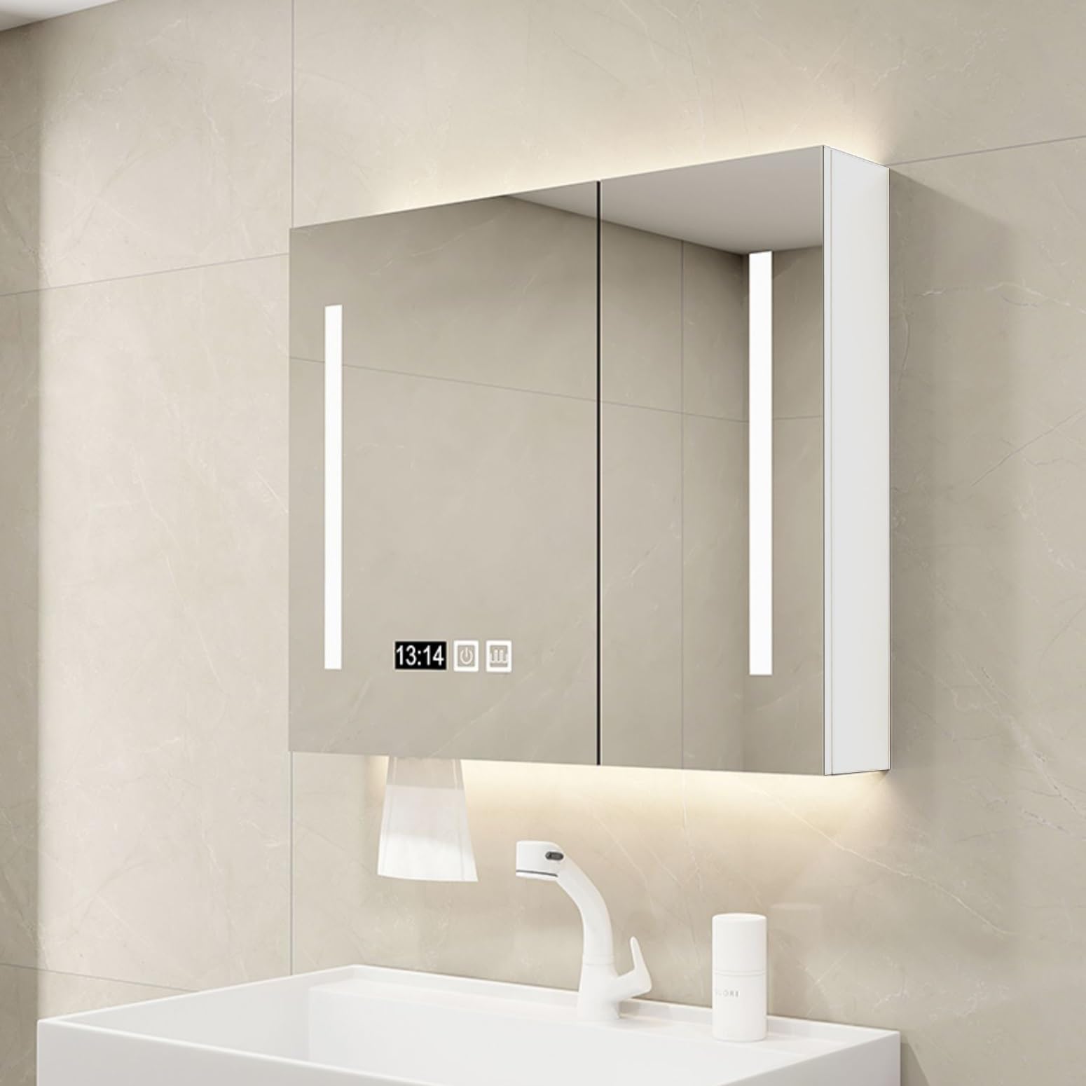 Mobiletto per medicinali con Luce LED per Il Bagno, Contenitore sopra Il WC, Bianco Crema, Design Moderno, Perfetto per Lavanderia e Cucina.