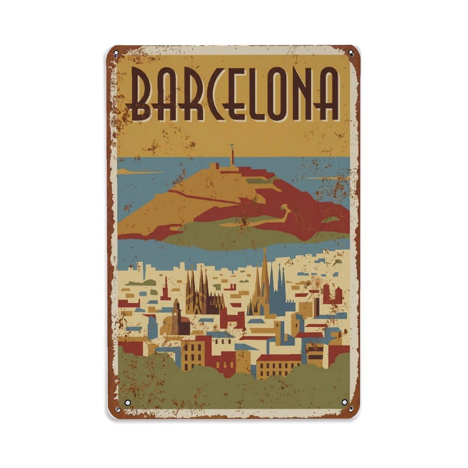 Vintage Travel Montjuic Spain Hill Metal Tin Sign Plaque Wall Decor for Cafe, Club Bar, Office, Home Garden Metal Poster 8x12Inch