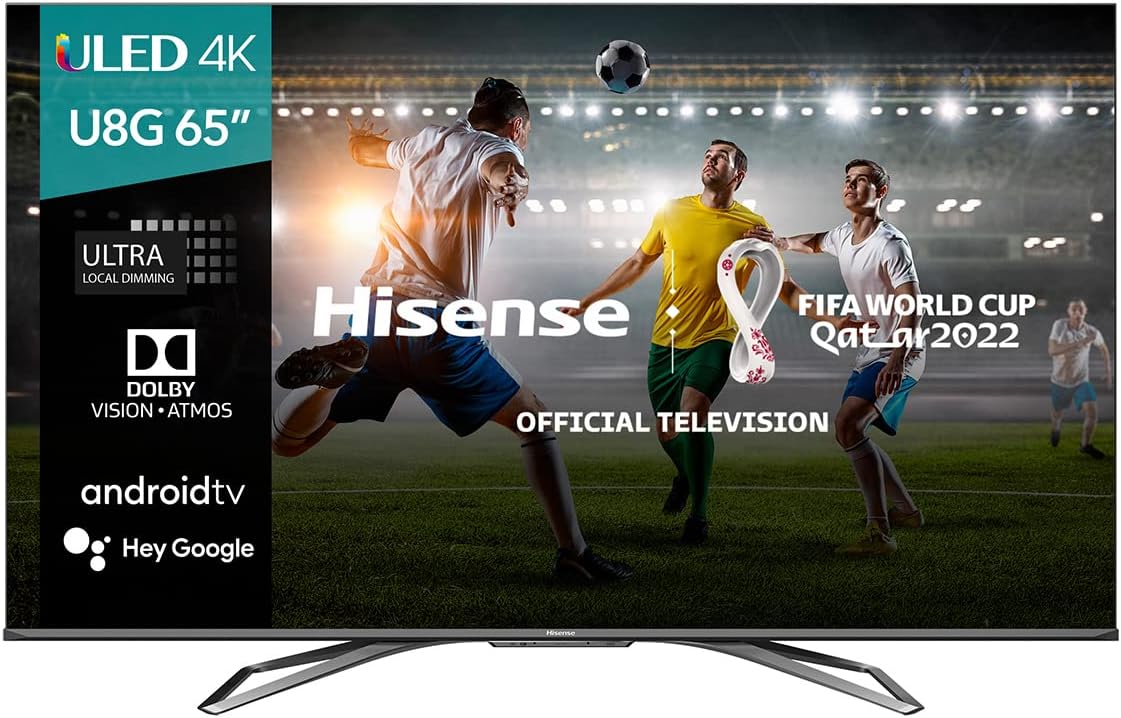 Hisense ULED Premium 65U8G QLED Series 65-inch Android 4K Smart TV with Alexa Compatibility, 1500-nit HDR10+, Dolby Vision IQ & Atmos, 120Hz, HDMI 2.1,Bluetooth, Wi-Fi, USB, Ethernet, Game Mode Pro