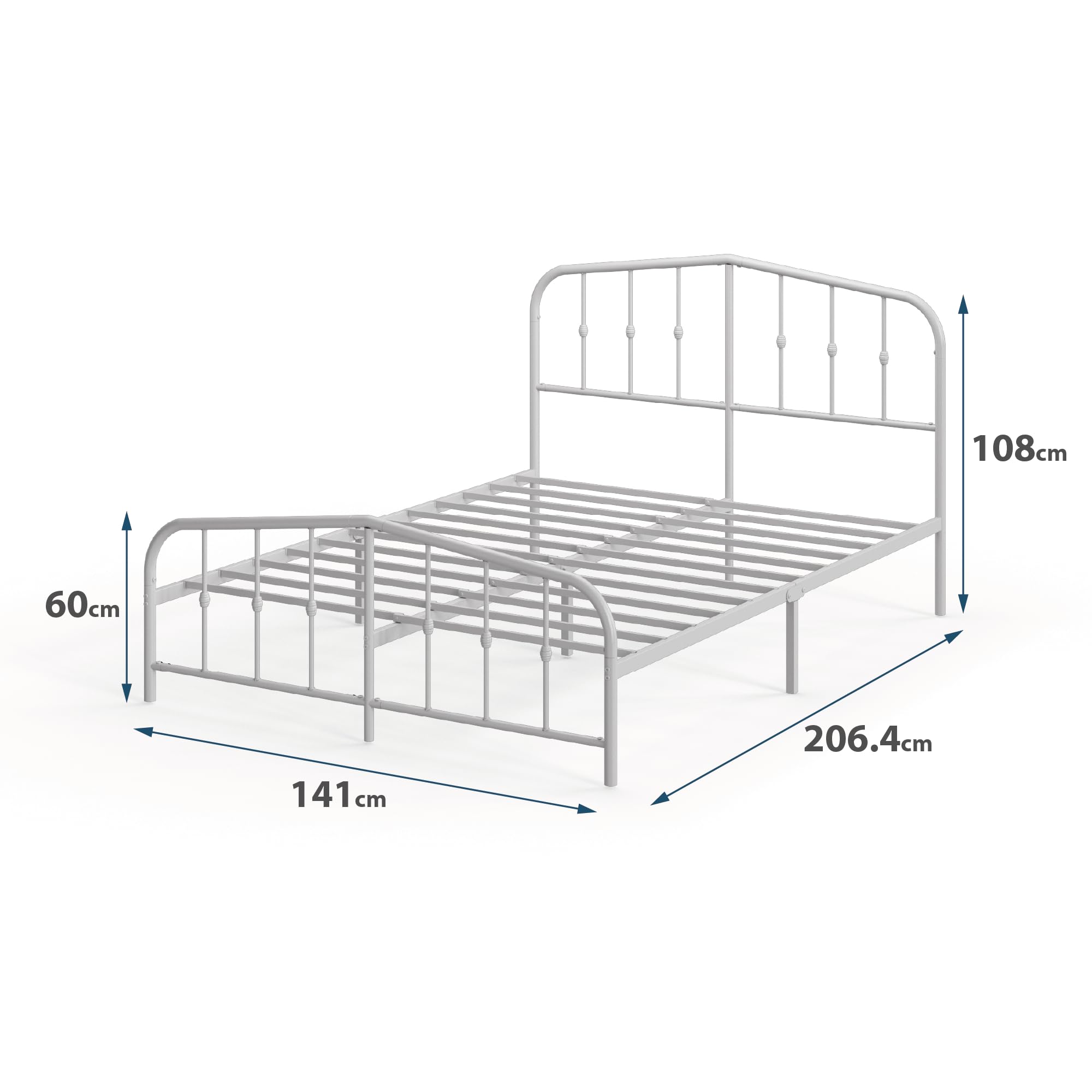 Zinus Heidi łóżko 140 x 200 cm – wysokość 31 cm z miejscem do przechowywania pod łóżkiem – metalowa platforma rama łóżka z zagłówkiem i podnóżkiem – białe
