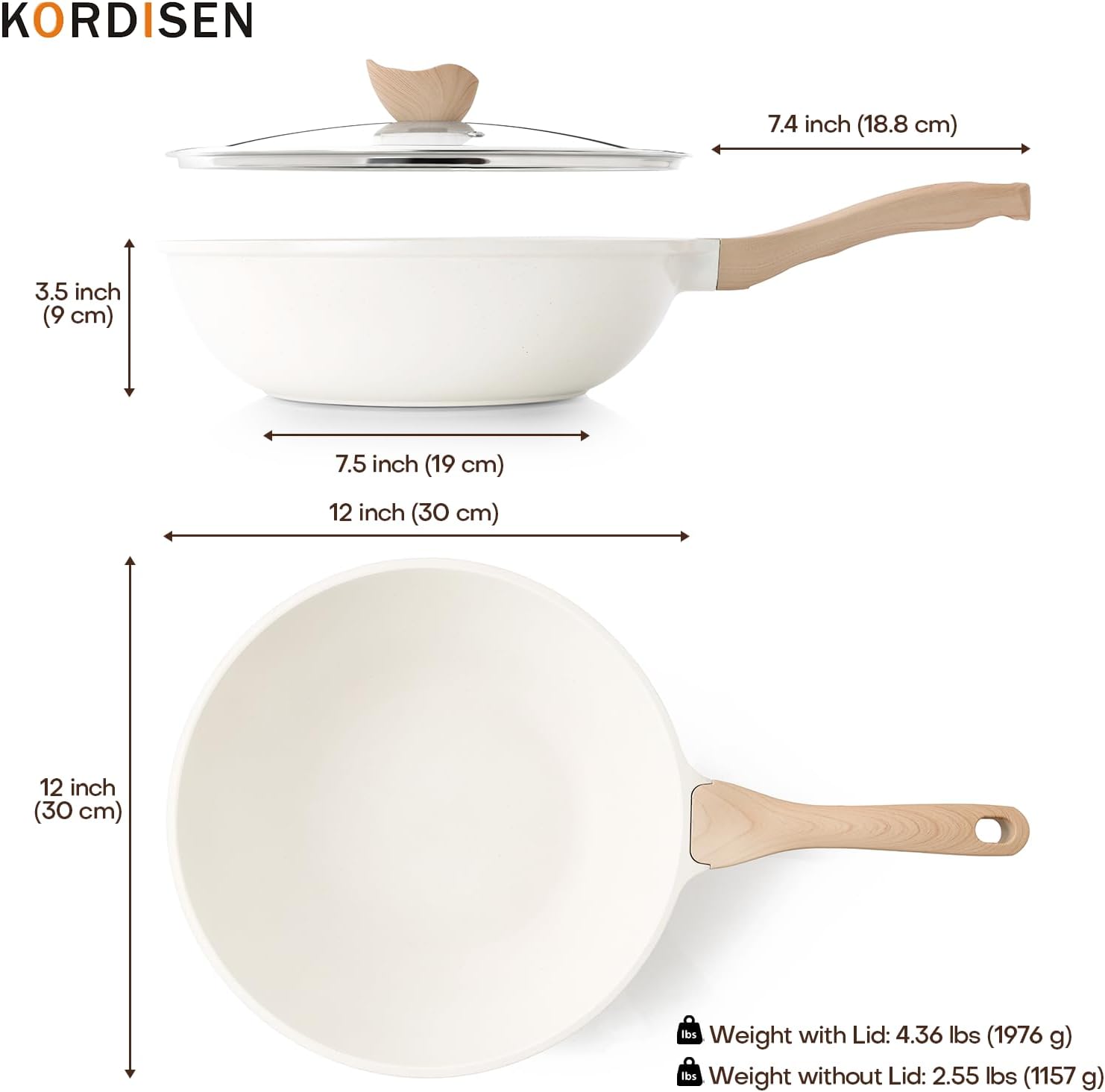 Kordisen Nonstick Wok with Lid, 12 Inch Woks & Stir-fry Pans, Healthy Coating Induction Cookware, Compatible with All Stovetops, PFOA Free (Cream White)