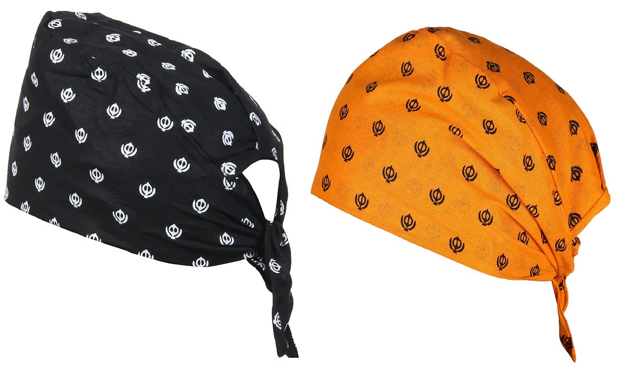 Samyuktha 2-częściowy nadruk Khanda 100% bawełniana regulowana patka, bandana, czapka z czaszką dla mężczyzn i kobiet - czarna i pomarańczowa, Czarny, kesri, Medium-4X-Large