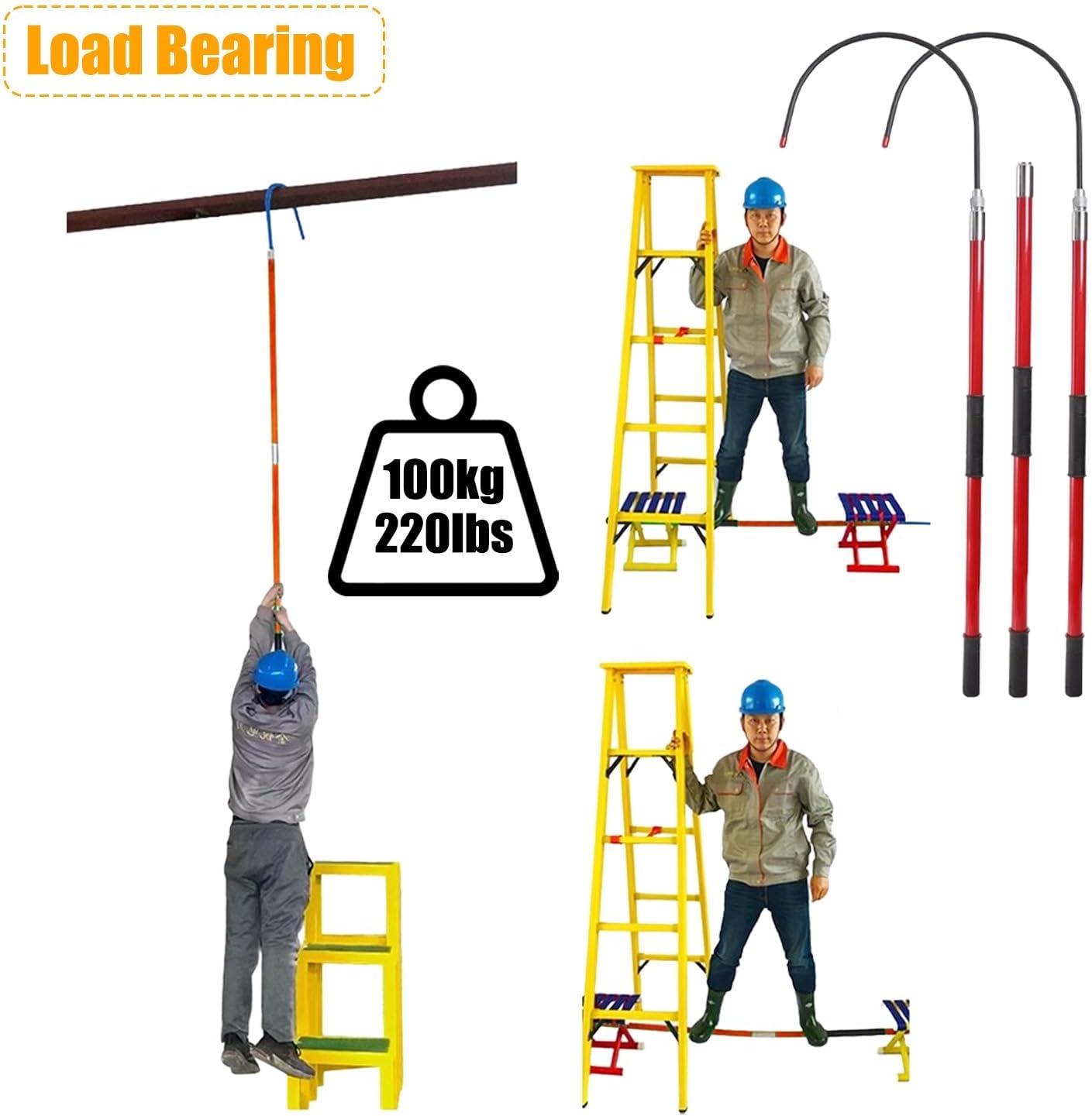 Electrical Safety Rescue Hook, High Voltage Insulated Rescue Hook Multiple Sizes 10KV 35KV 110KV 220KV 100kg 45cm(2m)