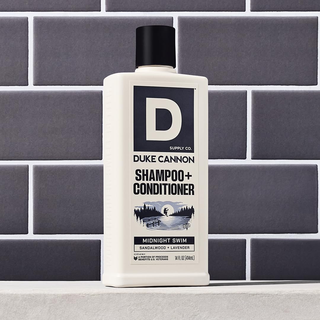 Duke Cannon Supply Co. 2-in-1 Hair Wash - Masculine Scent - Gentle Cleansing Hair Wash For Men - Stimulating Hair Shampoo & Conditioner - Strengthens Hair - Midnight Swim - 2 Pack - (14 oz)