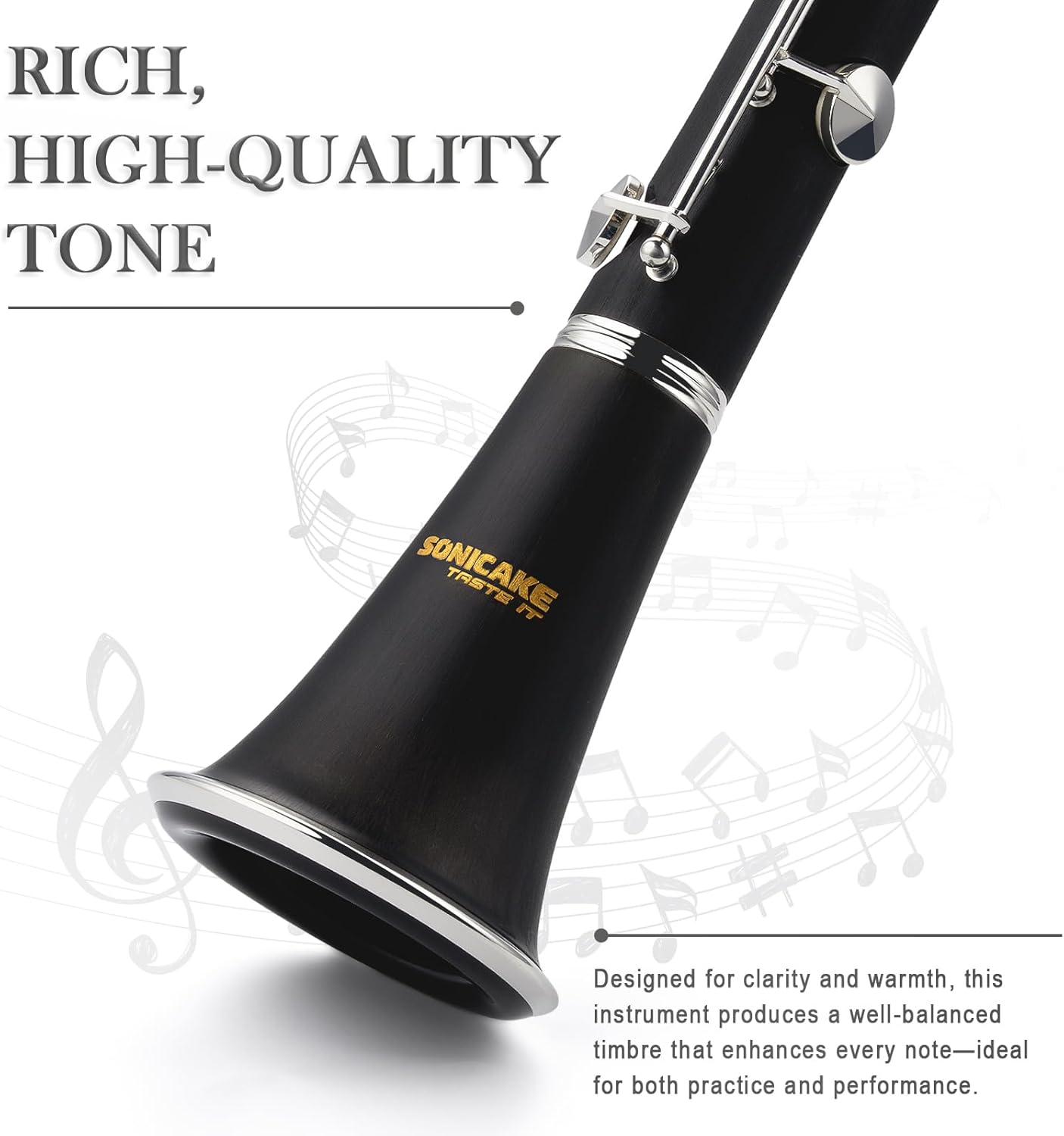 SONICAKE B Flat Clarinet for Intermediate Beginners & Student, Upgraded Ebonite Bb Clarinet Silver-plated with 2 Barrels, 4C Mouthpiece, Hard Case, Cleaning Kit, Black, QCR-11