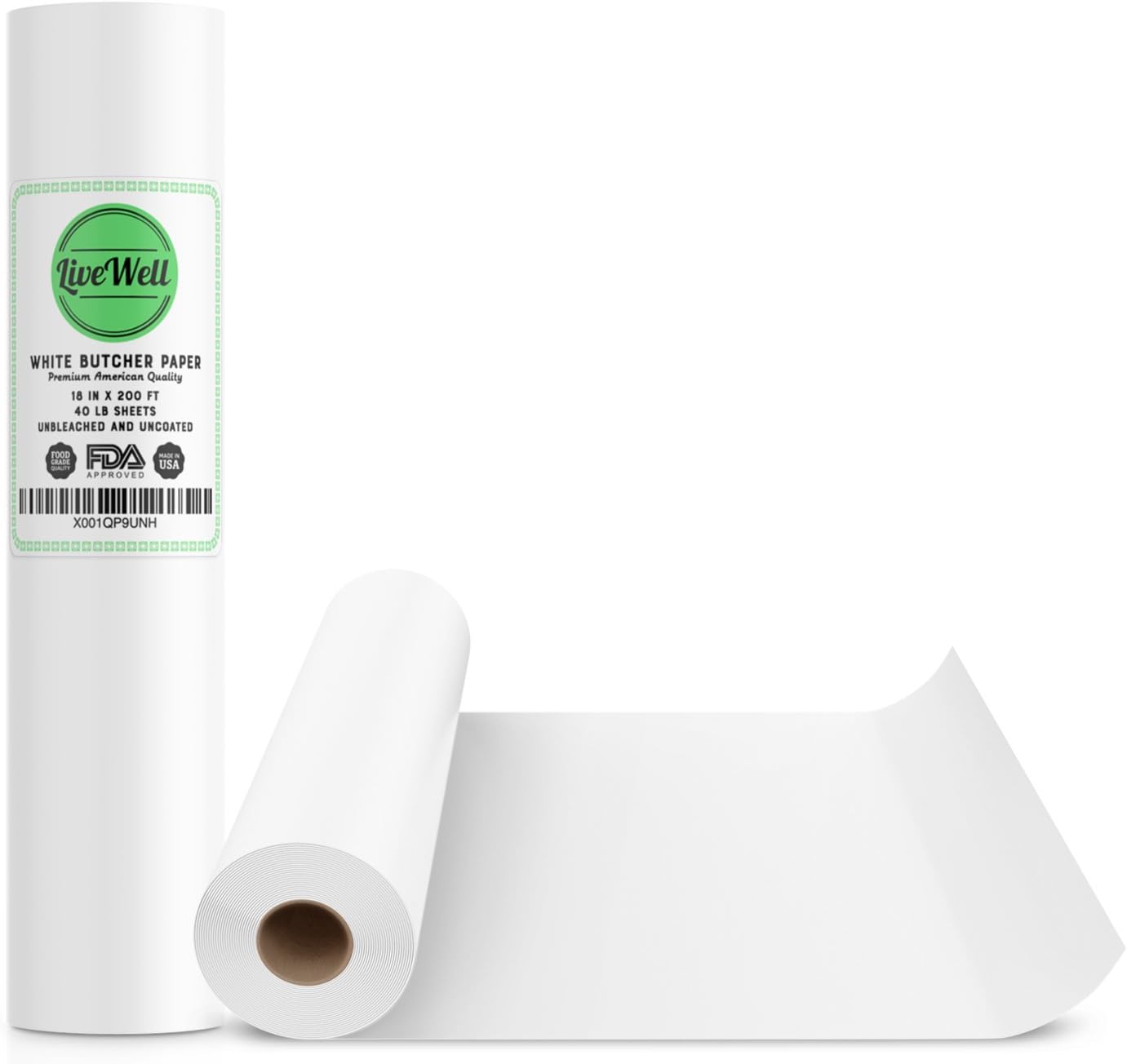 White Kraft Butcher Paper Roll USA - 18In x 200Ft (2400 Inch) - Food Grade – Great Smoking Wrapping Paper for Meat of all Varieties – Made in USA – Unwaxed and Uncoated