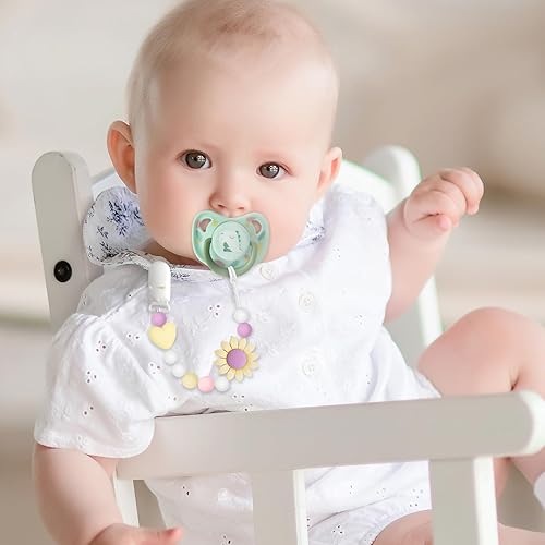 Miniatura 10 de Clip de silicona para chupete, paquete de 2 soportes para chupón para niños y niñas, adorables clips de girasol para chupete se adapta a la mayoría