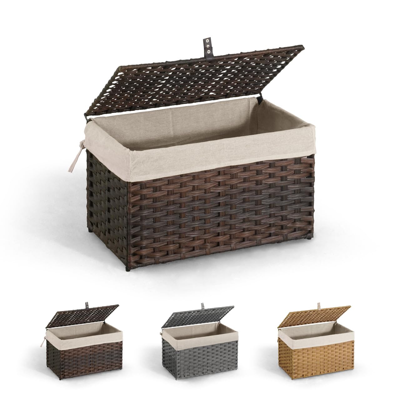 CAPHAUS Handwoven Storage Basket w/ Lid & Handles, 2 Removable Liner Bags, Foldable Clothes Basket for Laundry, Large Synthetic Rattan Laundry Basket, 65L, Brown