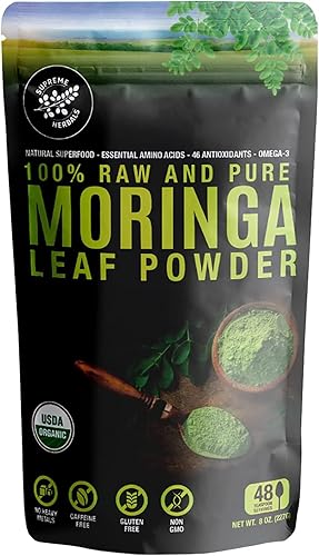 Polvo de hoja de moringa 100% cruda y pura. Hoja de moringa certificada orgánica. Superalimento natural con aminoácidos esenciales, antioxidantes y