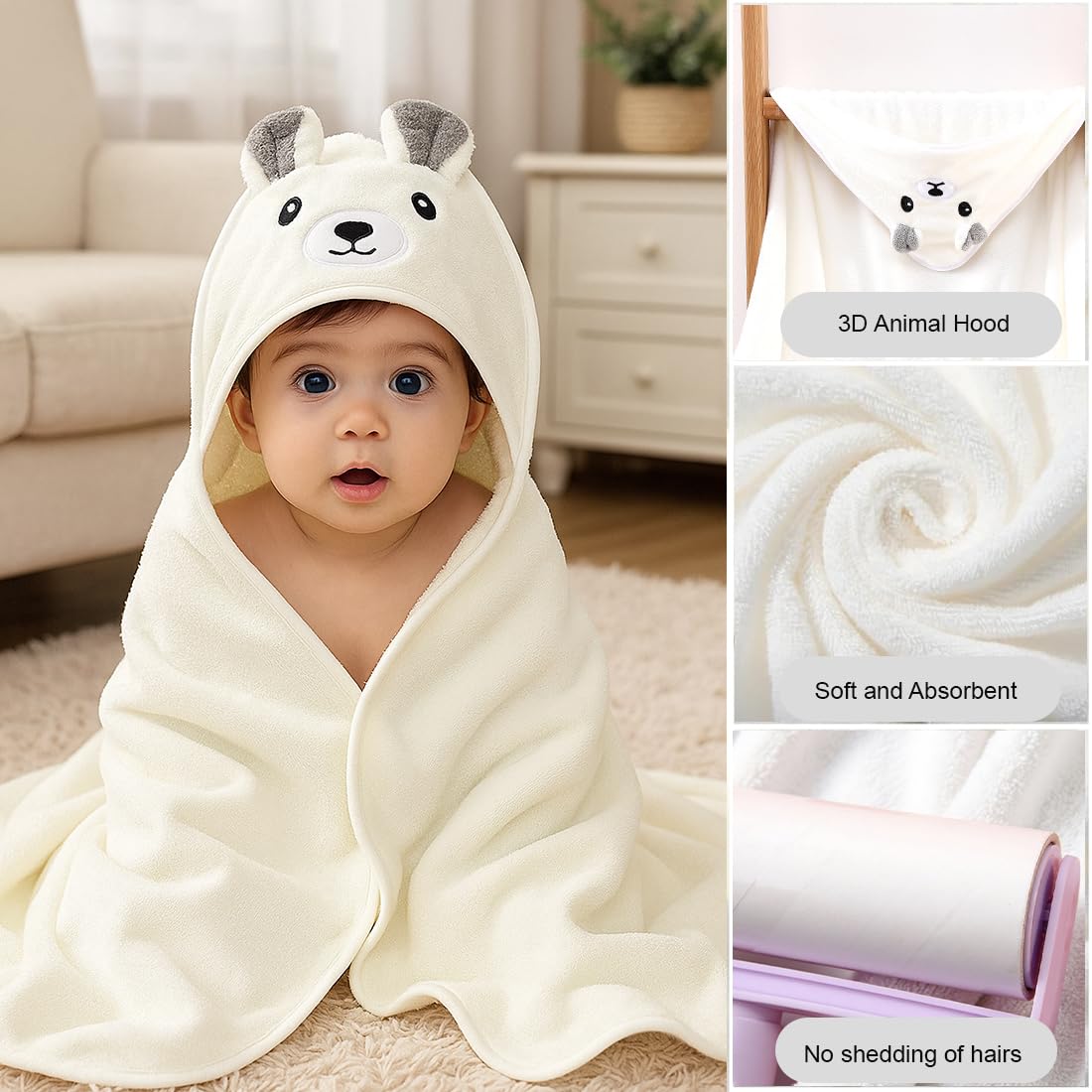 Toalla de baño con capucha para bebé, toalla bebe recien nacido, toalla con capucha,suave y súper absorbente, lavable a máquina, toallas de baño para niños pequeños, 0-3 años, Blanco