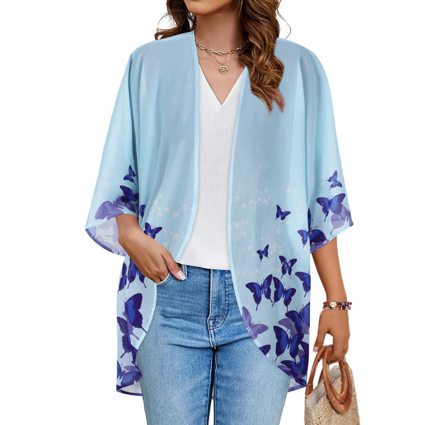 Women's Floral Print Puff Sleeve Kimono Cardigan Loose Cover Up Casual Blouse Tops
