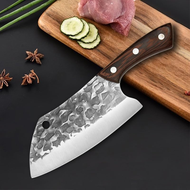 Meat Cleaver,Cleaver Knife 7 Inch Professional Butcher Meat Cleaver Knife Wood Handle Hand Forge Blade Slicing Fish Meat Kitchen Knives