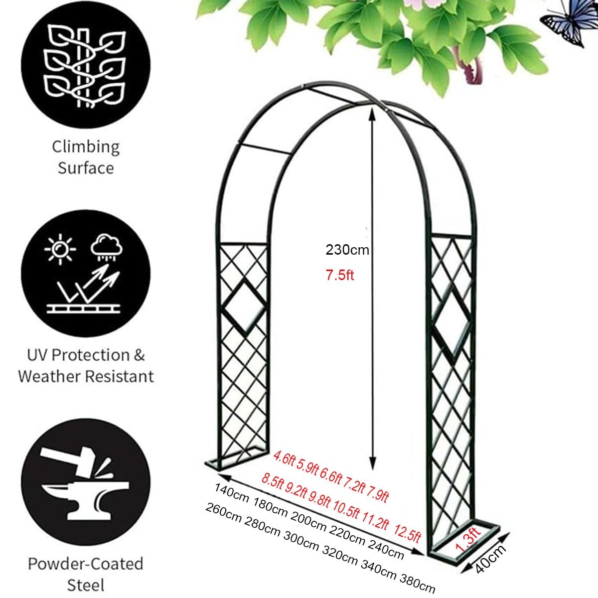 Wytrzymały metalowy łuk ogrodowy do roślin pnących, odporny na warunki atmosferyczne, żelazna pergola, krata, na trawnik, dekoracje ślubne (biały, 2,6 m)