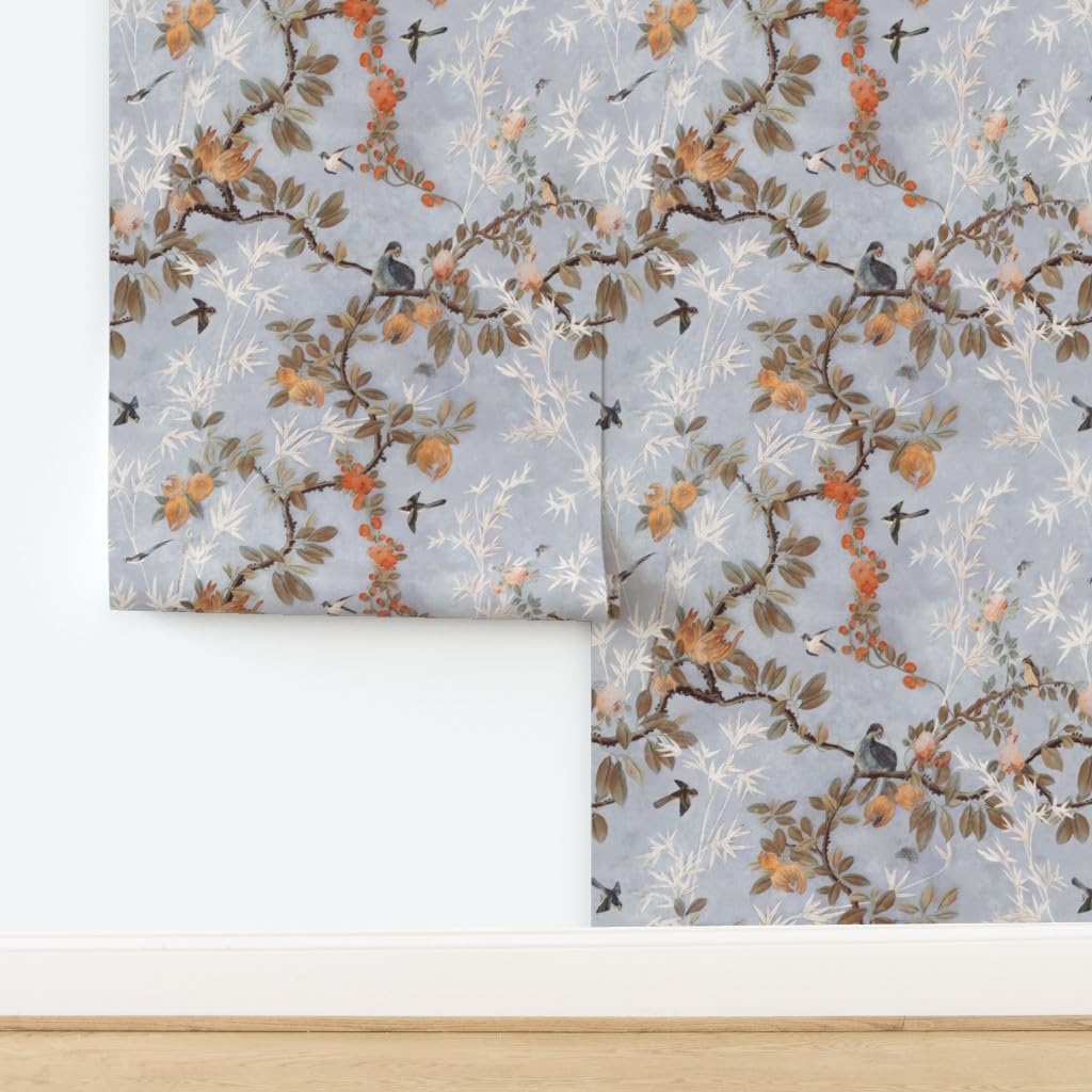 Spoonflower Removable Wallpaper 12ft x 2ft - Chinoiserie Vintage Dusty Blue Sky Floral Birds Chinese Antique Custom Pre-Pasted Wallpaper