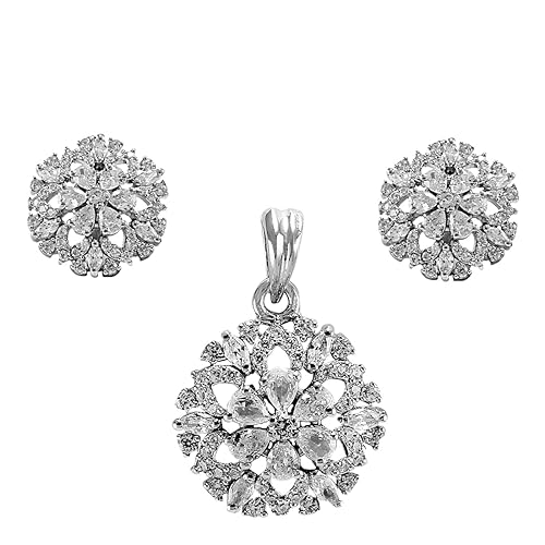 925 Sterling Silver CZ Floral Pendant Set For Women