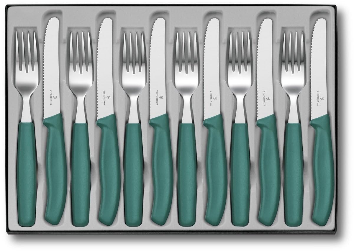 Victorinox Classic Set de 12 Couteaux à Tomate et Fourchettes, 11 cm, Vert
