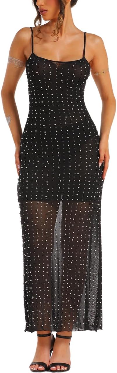 Edary Pearl Bodycon Dress Rhinestone Mesh Dresses Sheer Sleeveless Long Dresses Black Costume for Women