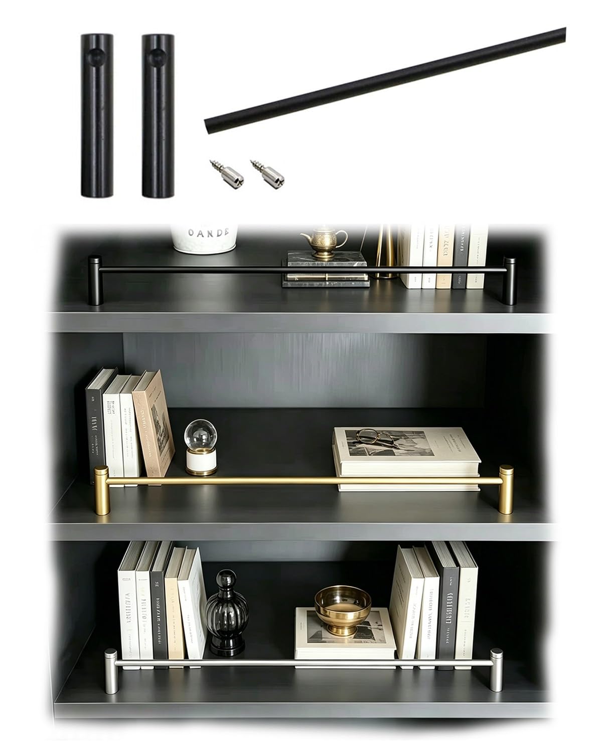Zimgod Black-A Aluminum Gallery Rail Kit For Bookshelves/Furniture/Cabinet, Shelf Edge Tipping Guardrail Rod, Decorative Shelving Fence With Spindles & Hardware(,52In/132Cm)