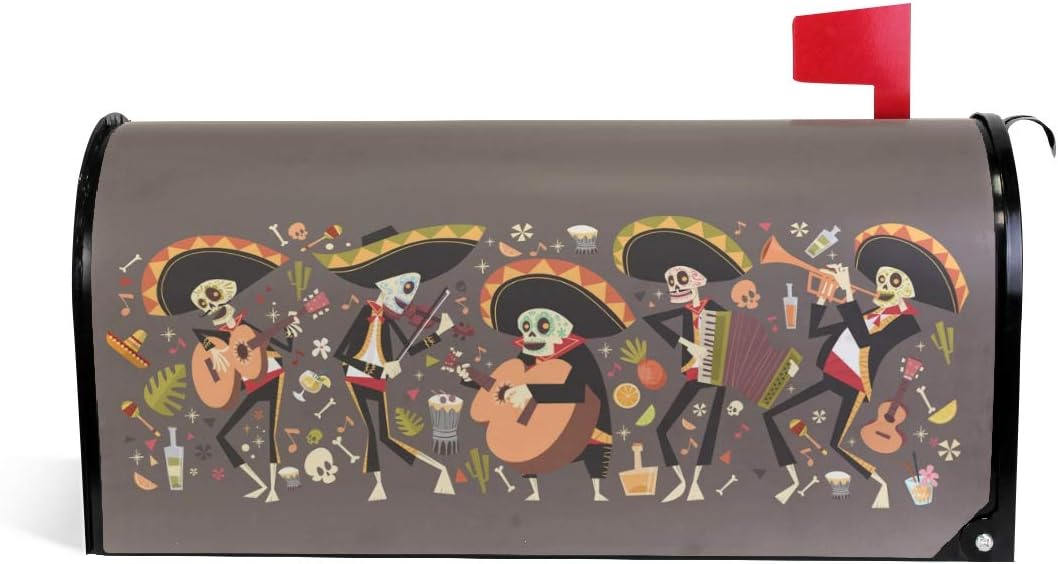 ZZKKO Traditional Mexican Halloween Dia De Los Muertos Funny Skeleton Play Music Mailbox Covers Magnetic Seasonal Colorful Pattern Home Houses Decorations,25.5x20.8 Inch Large Size,Multicolor