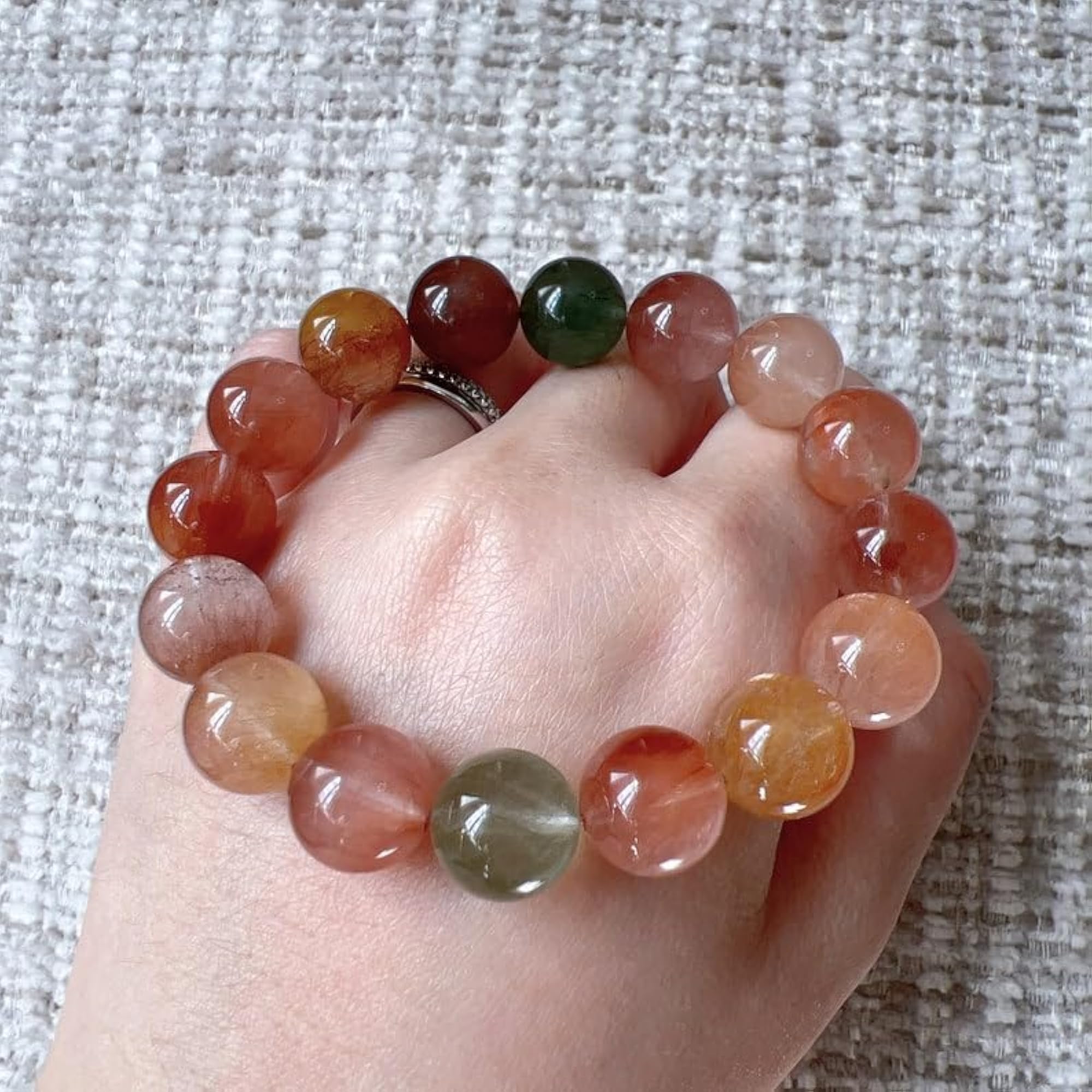Unisex Natural Rutilated Quartz 12mm Round Bead Stretchable Bracelet