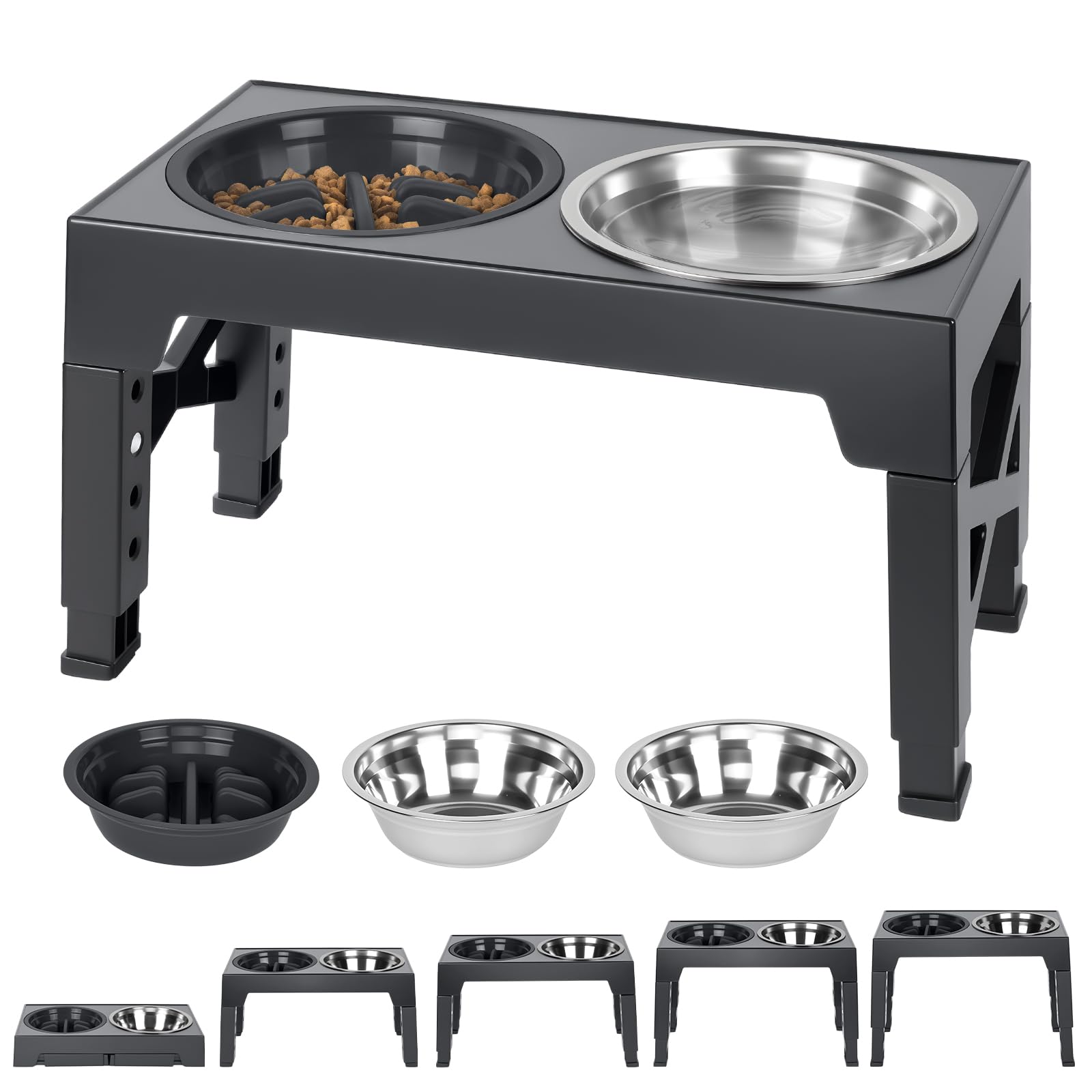 AUYAO Comedero Perro Elevado, con 2 Cuencos de Acero Inoxidable y 1 Bebederoo, Ajustable de 5 Alturas, Recipiente para Perros Pequeños, Medianos y Grandes