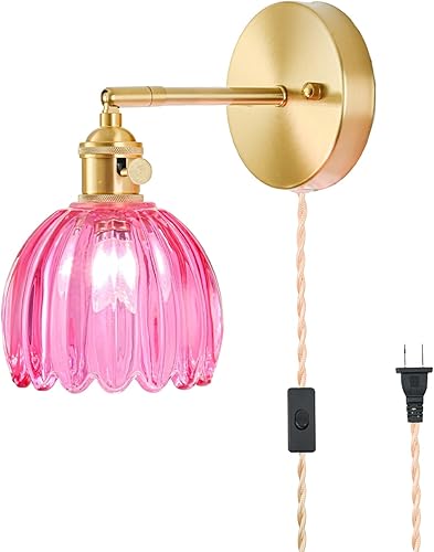 Miniatura 27 de Juego de 2 apliques de pared enchufables, apliques de pared vintage con pantalla de cristal transparente de tulipán, aplique de pared