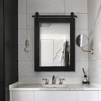 H&A Farmhouse Wall Mirror, Rustic Wood Framed Wall Decor Mirror, Barn Door-Inspired Rustic Mirrors for Living Room, Bathroom Vanity 28Inx 22In Black, 28Inx22In