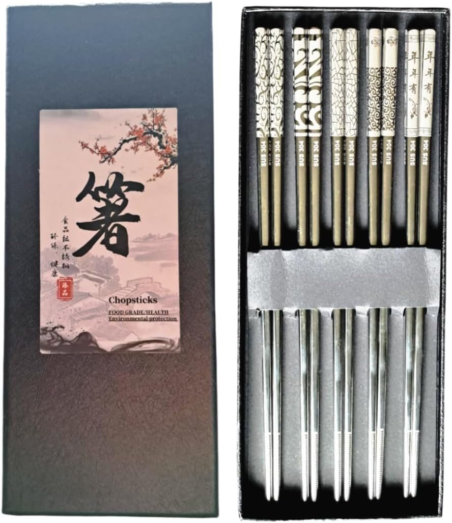 Metal Chopsticks Reusable Titanium Plated, Stainless Steel Chopsticks, 5 Pairs Reusable Metal Chinese Chopsticks, Dishwasher Safe, Lightweight Square Design, Silver Japanese Chopsticks, Gift Box Set
