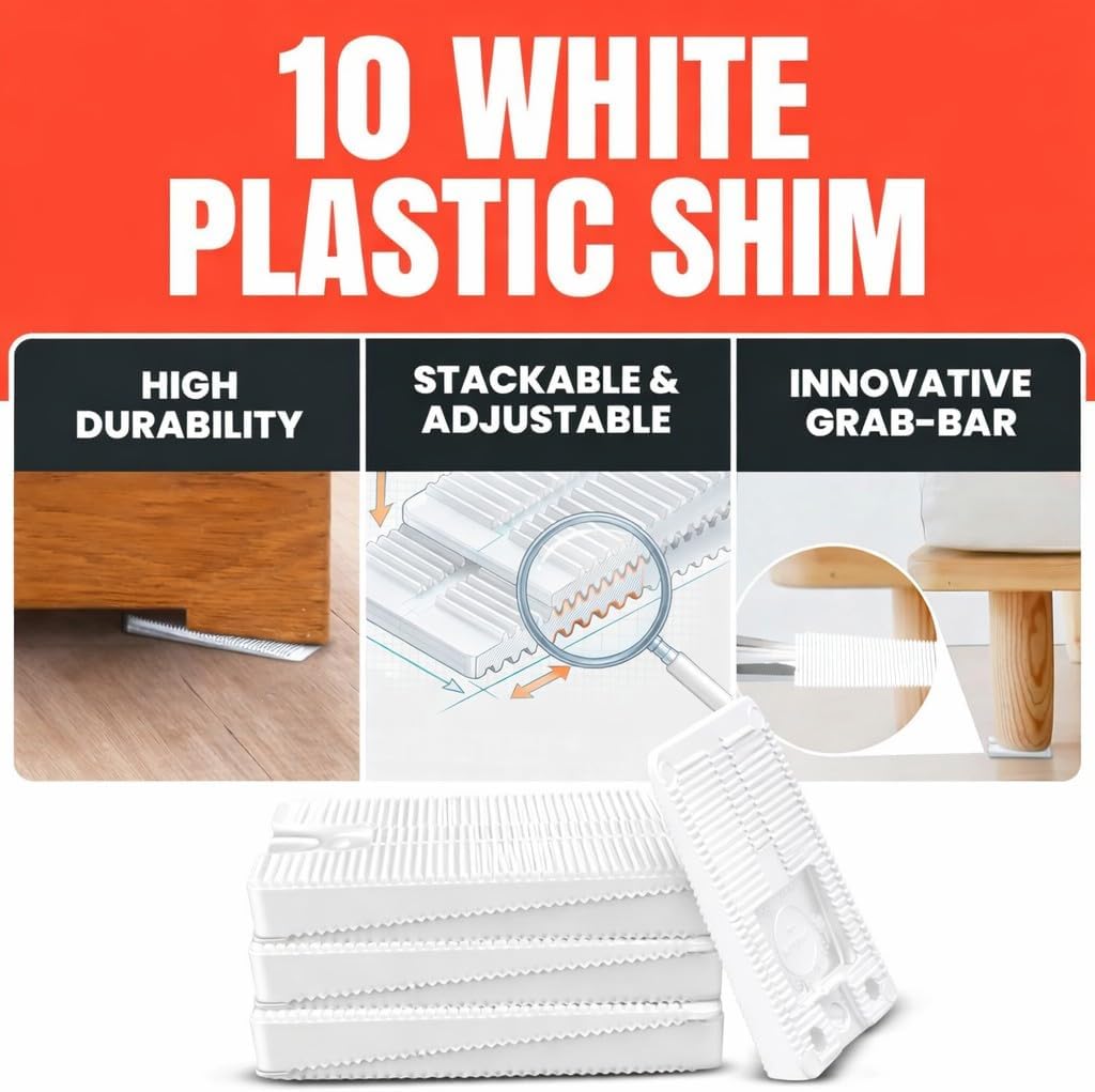 Wobble Wedge Flexible Plastic Shims, Leveling Wedges, White, 10-Pack